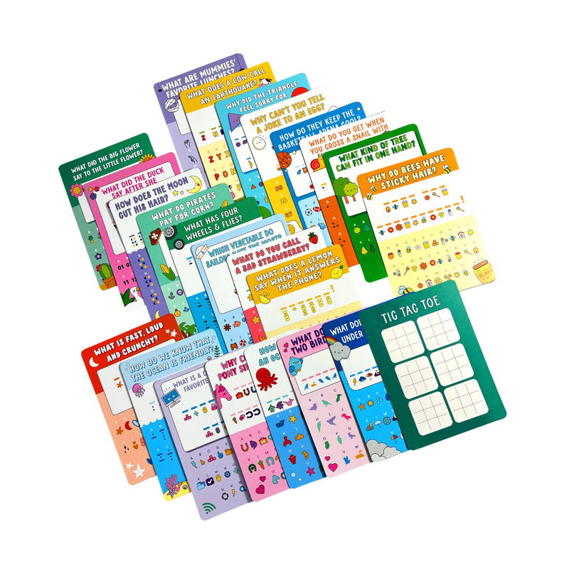 Contents of the OOLY Paper Games Joke Decoder Activity Card set