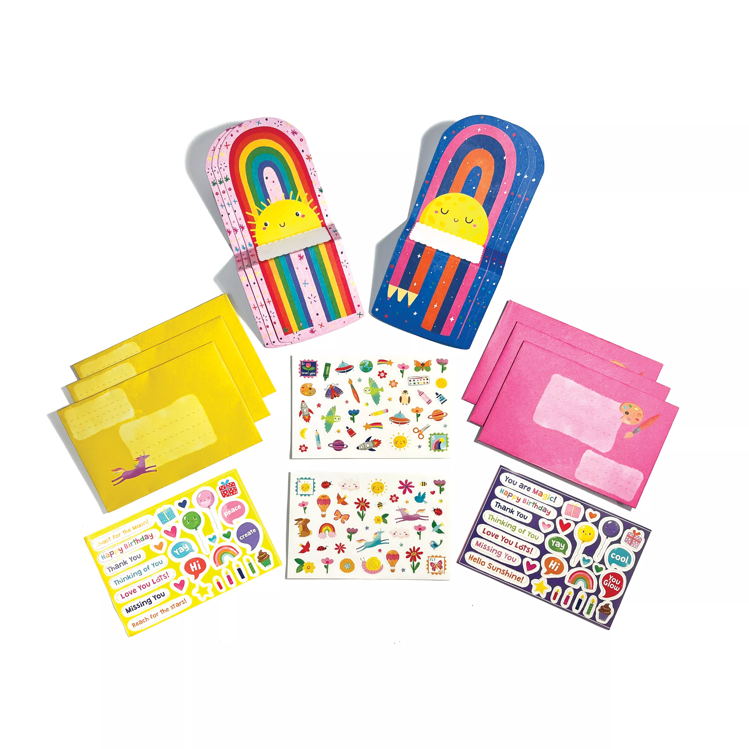 OOLY TinyTada Note Cards Sticker Set Hello Rainbows content on white background