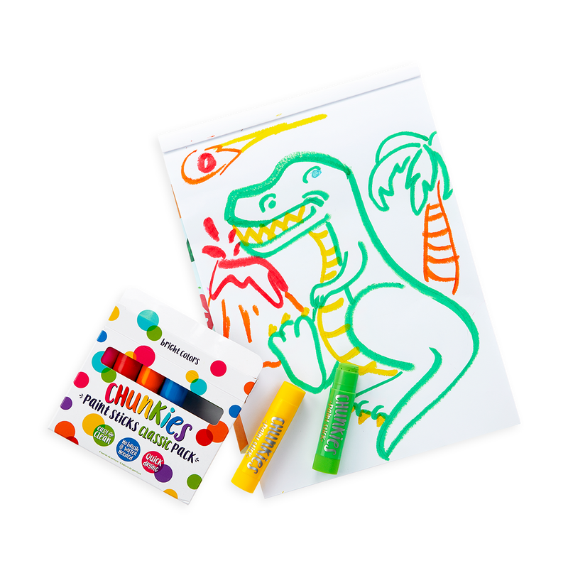 OOLY Chunkies Six Pack Classic Colors Paint Sticks with dinosaur painting on white paper