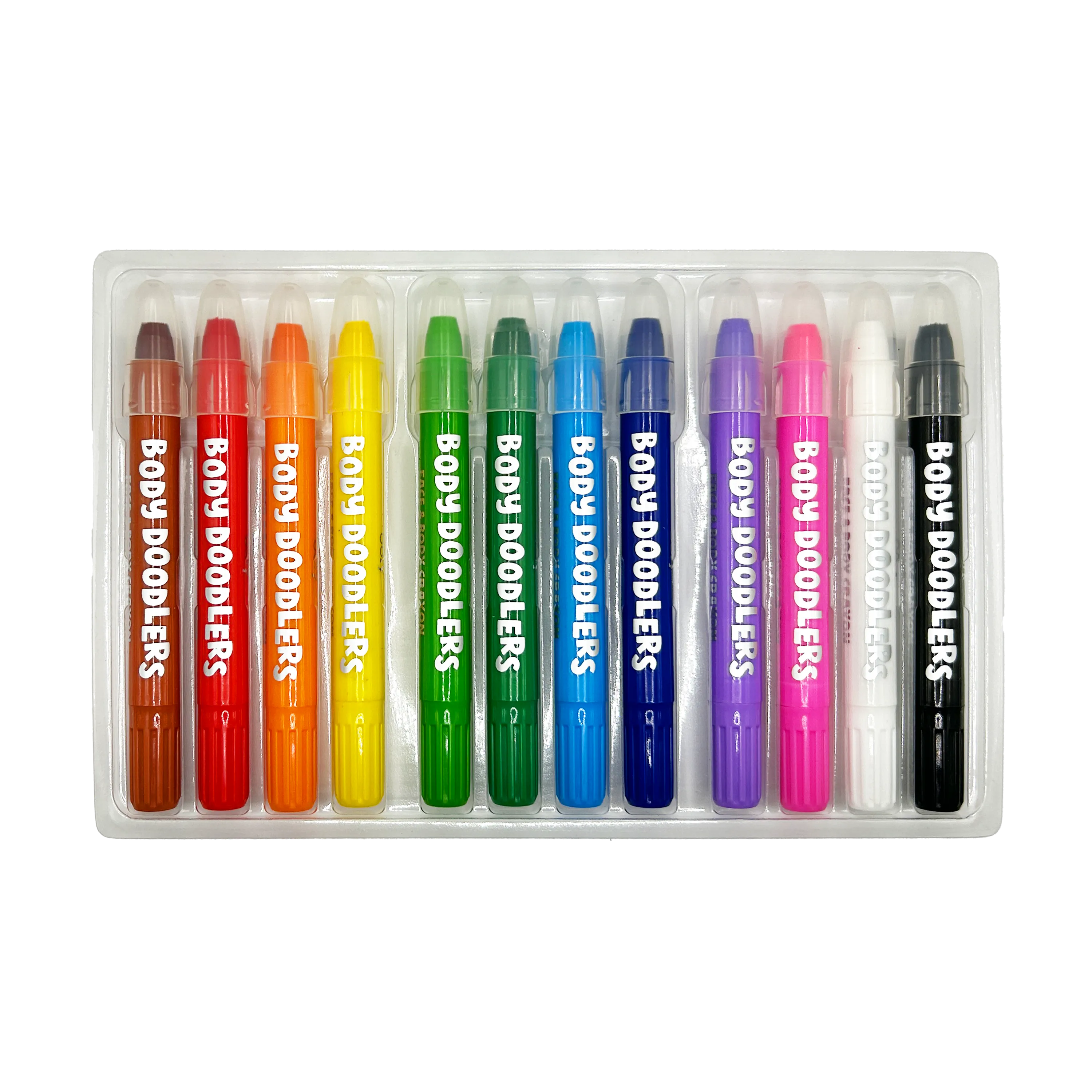 Open pack of OOLY Body Doodlers - Face & Body Crayons showing all the body crayons in a tray