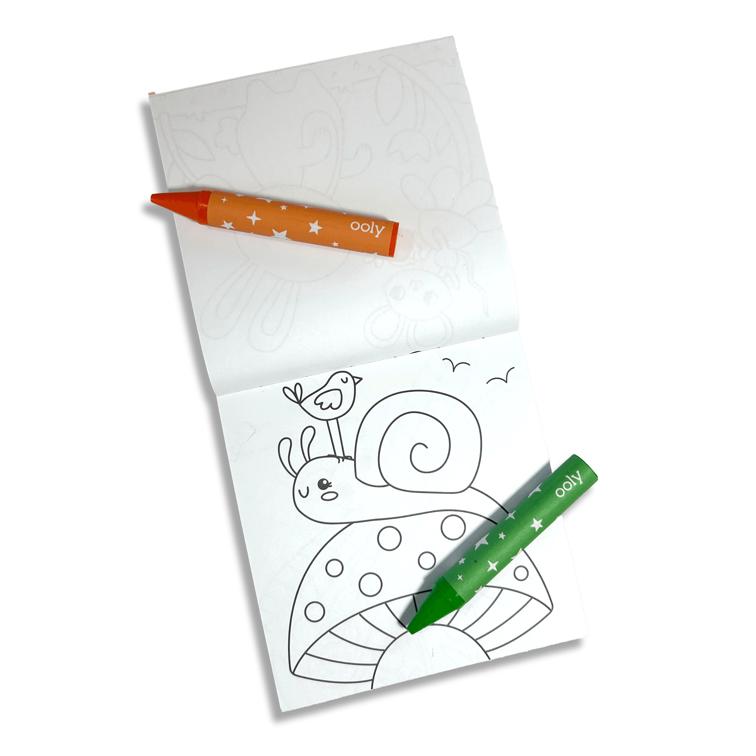 Opened coloring book with snail coloring page and crayons from Carry Along! Coloring Book and Crayon Set - Garden Pals