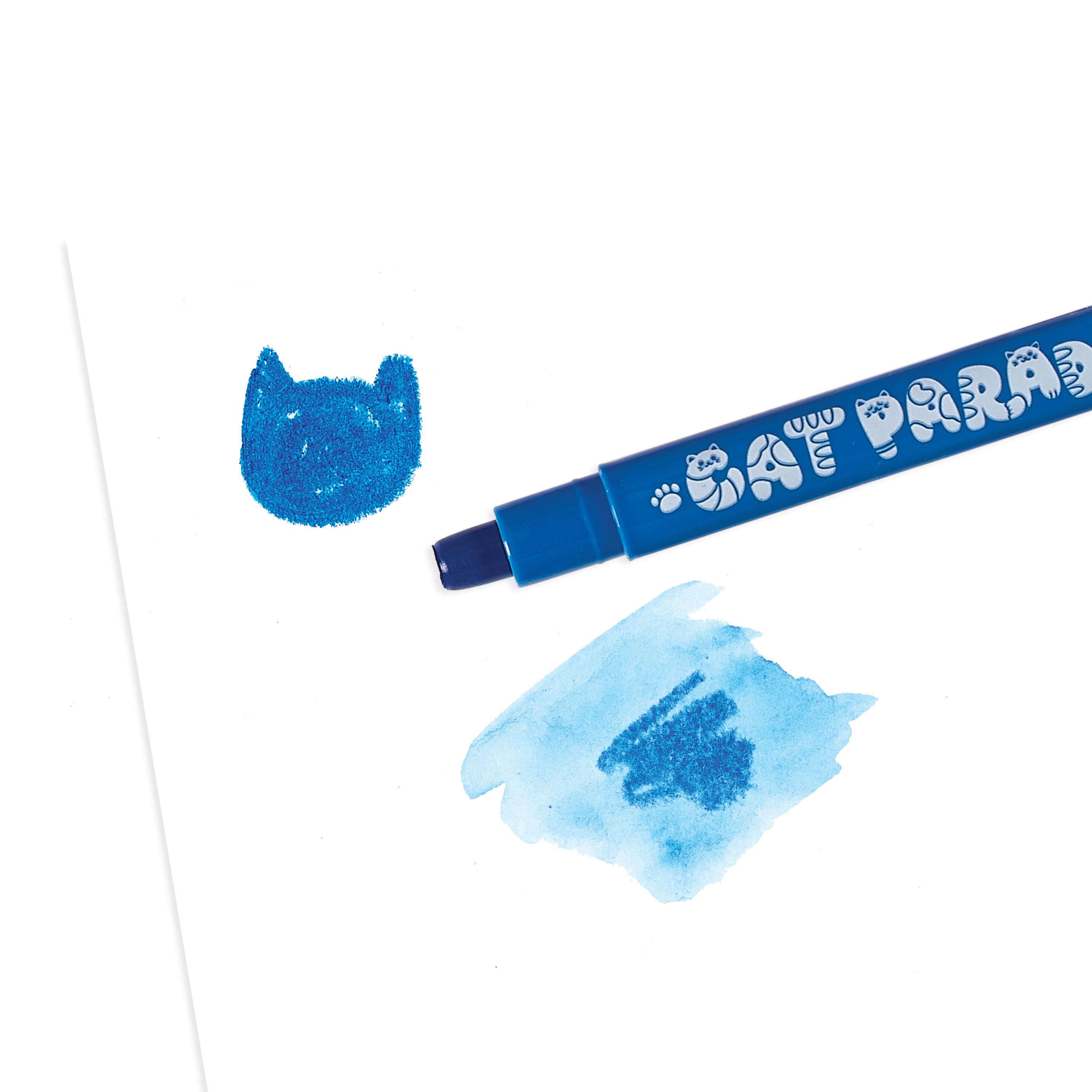 Close up of blue OOLY Cat Parade Gel Crayon with colored cat and watercolor swatch