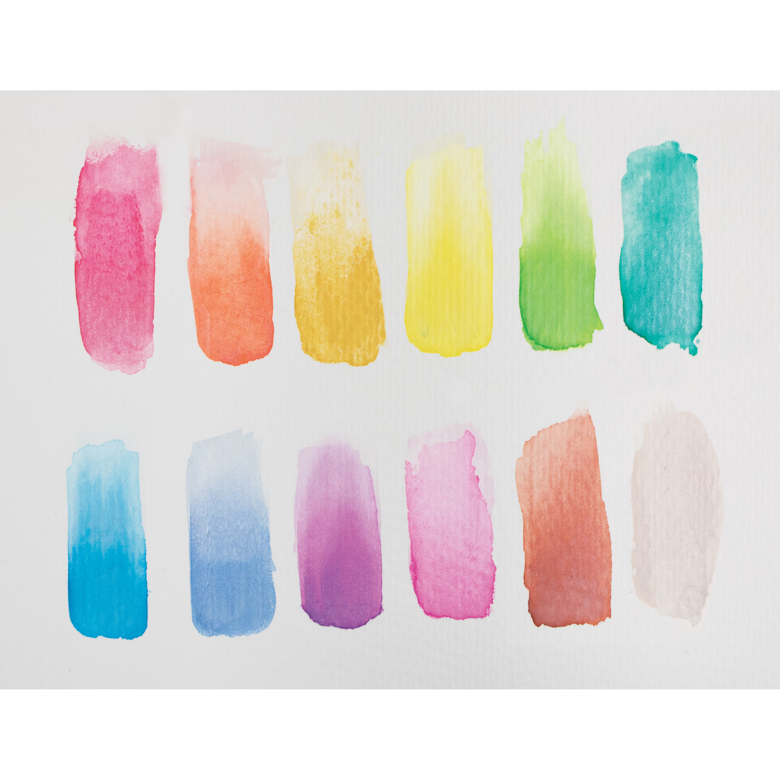 6 watercolor paint swatches on white paper made with OOLY Pearlescent Chroma Blends watercolor paint set