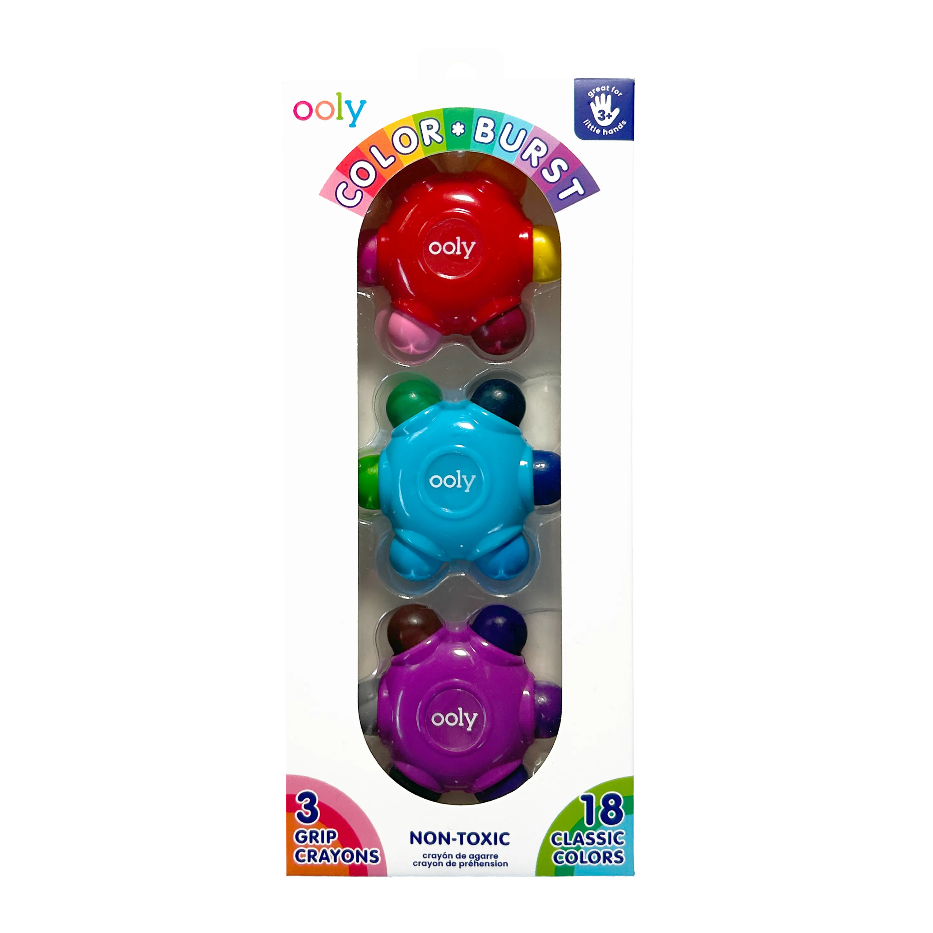 Front of packaging of set of OOLY Color Burst Crayons