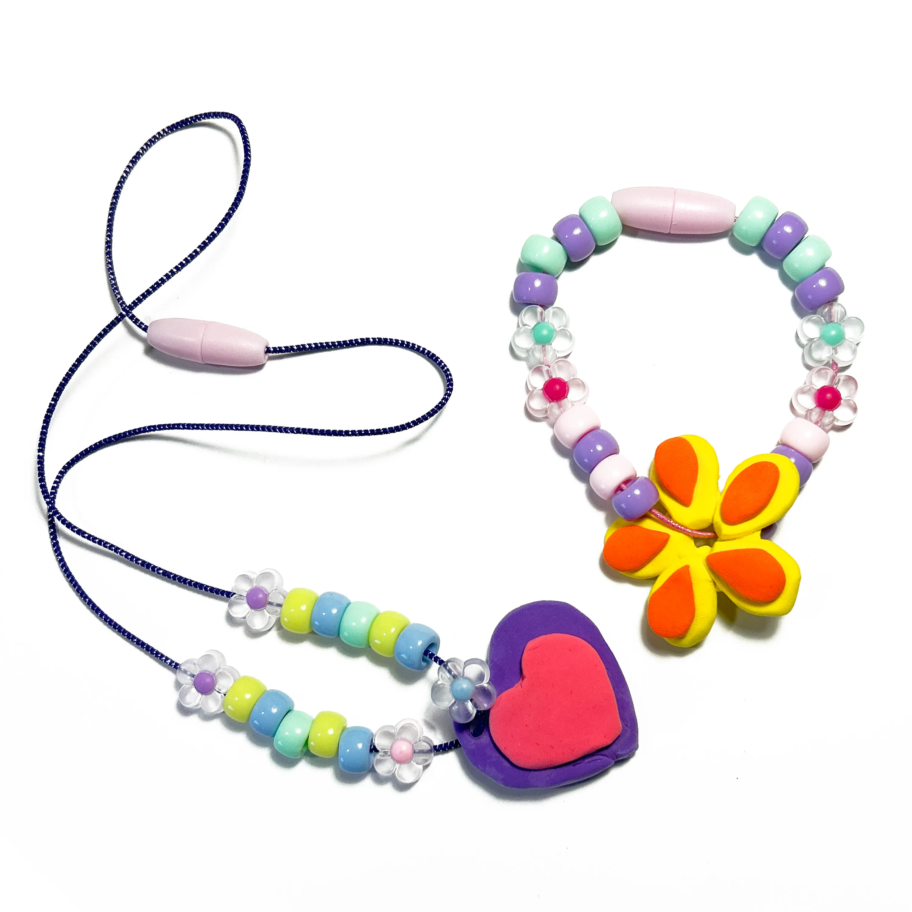 A purple and red heart necklace and yellow and orange flower bracelet made from OOLY Creatibles Air Dry Clay Jewelry Kit - Blissful Blooms