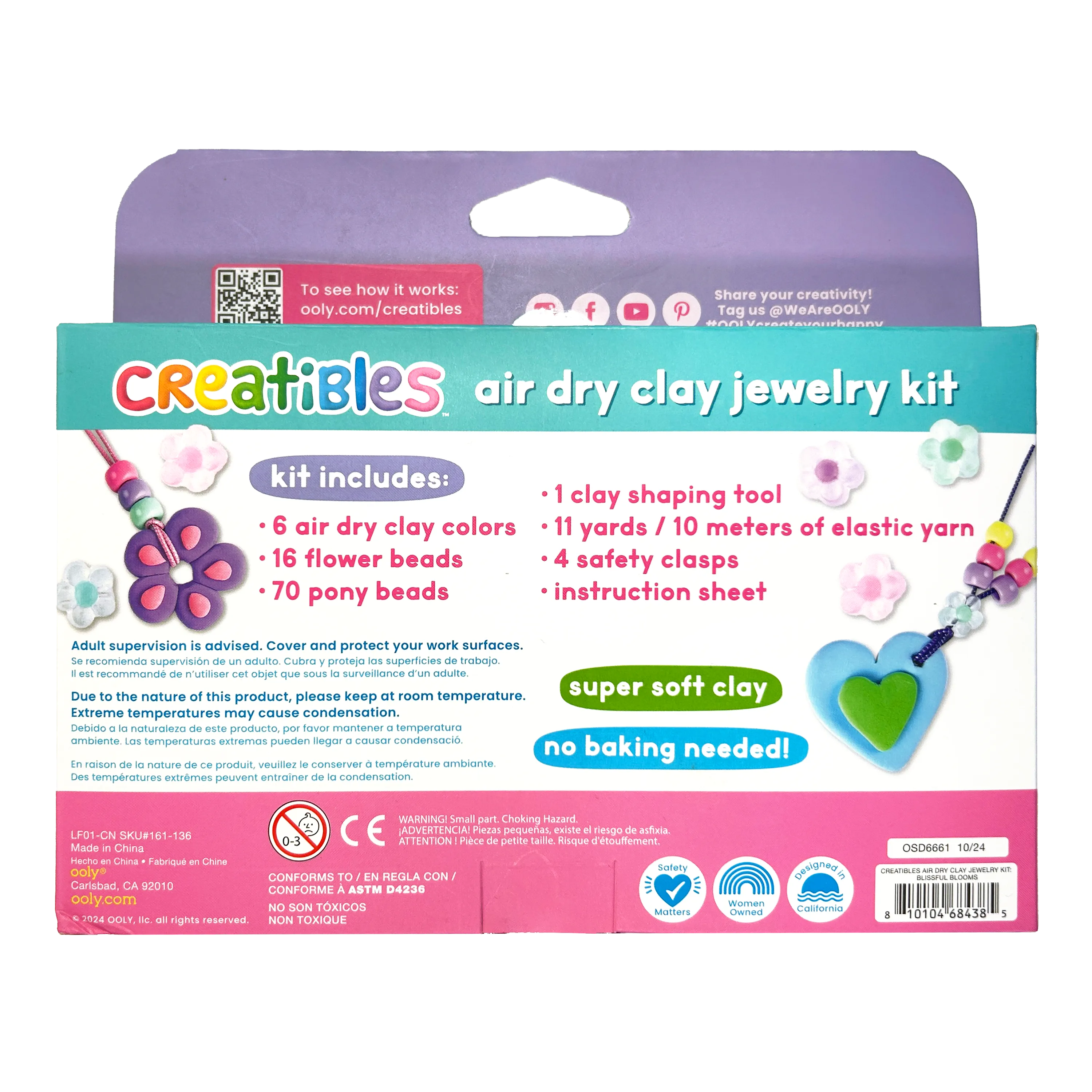 Back of packaging of OOLY Creatibles Air Dry Clay Jewelry Kit - Blissful Blooms 