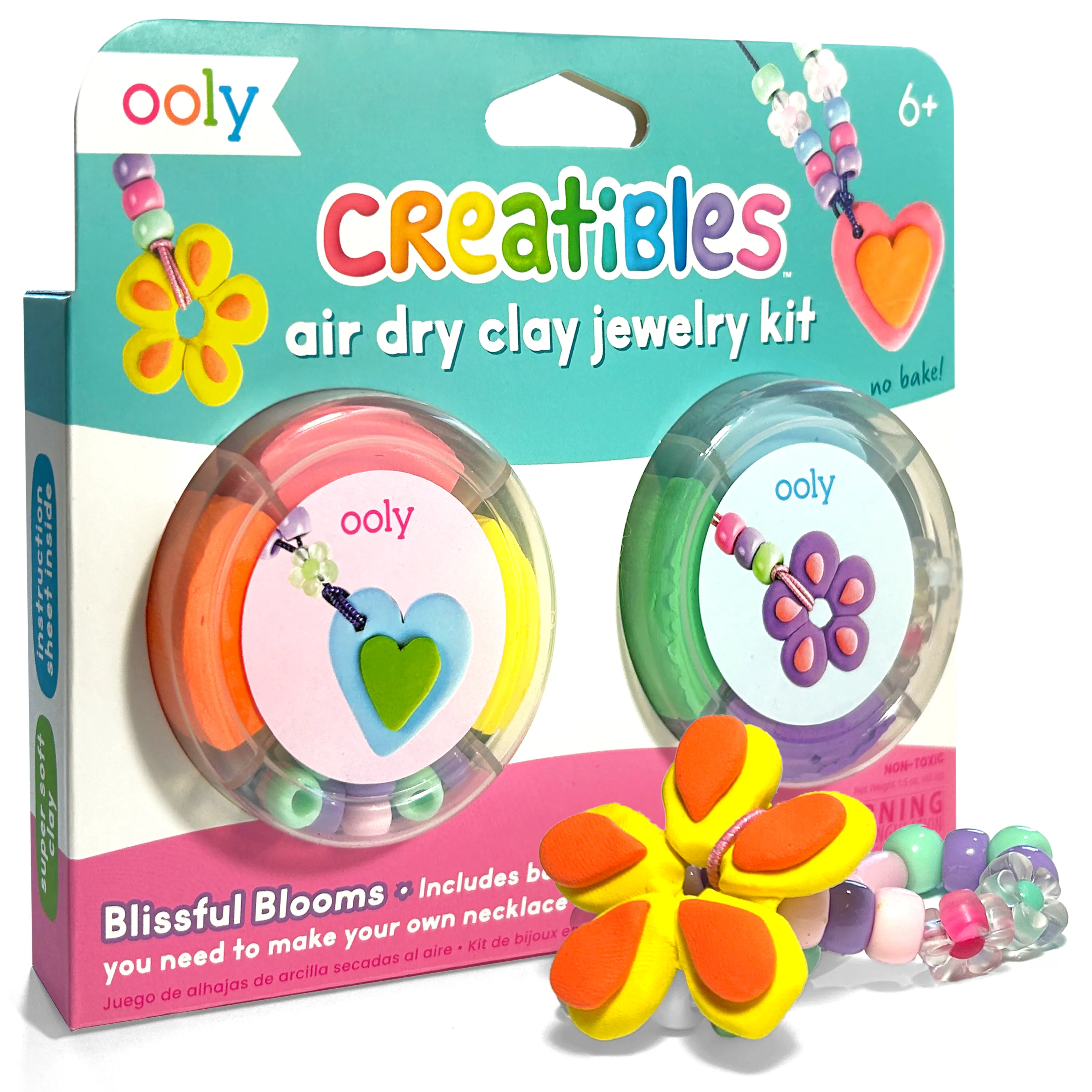 Quarter angle of packaging and bracelet of OOLY Creatibles Air Dry Clay Jewelry Kit - Blissful Blooms