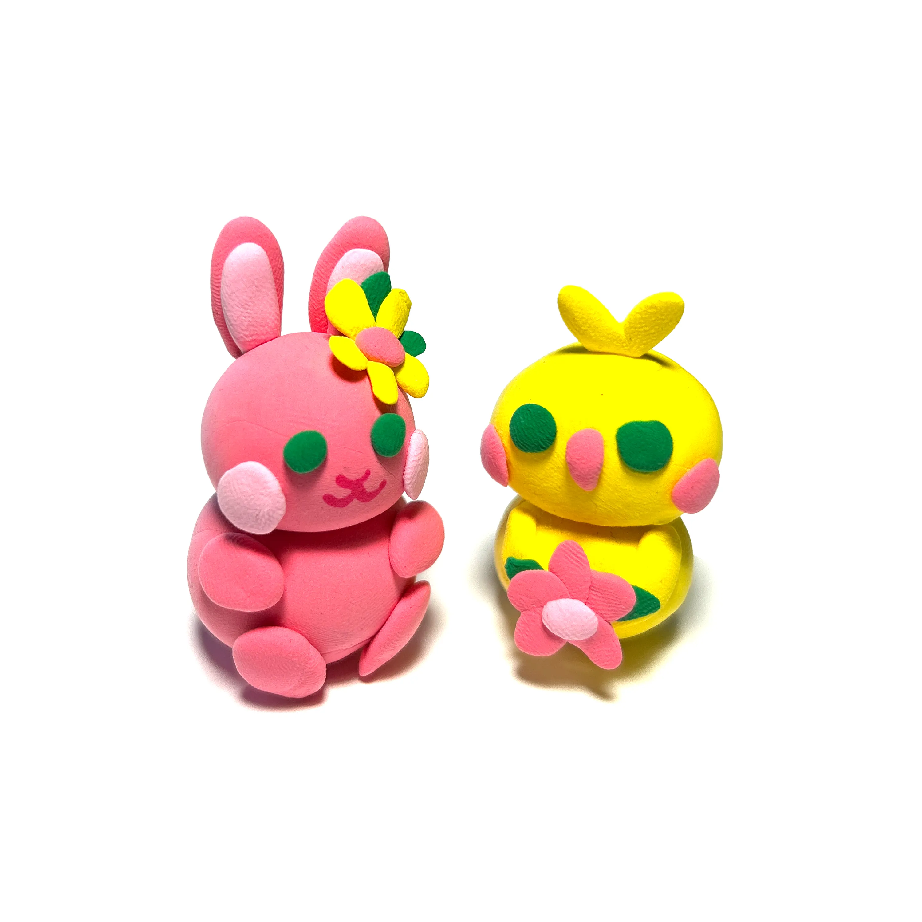 Finished pink bunny and yellow chick make with Creatibles Mini Air Dry Clay Kit - Garden Pals BFFs