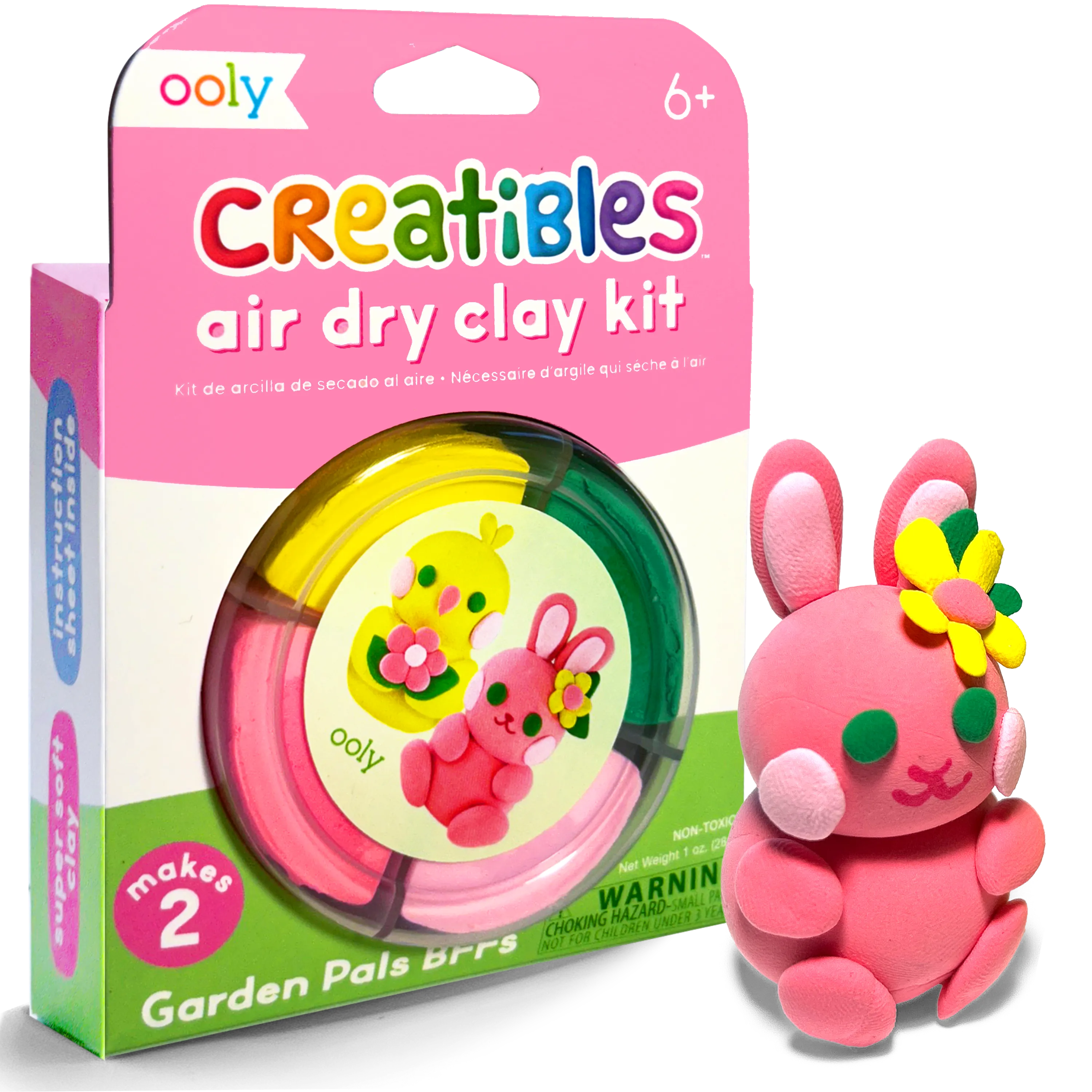 Quarter angle of packaging and clay bunny from Creatibles Mini Air Dry Clay Kit - Garden Pals BFFs