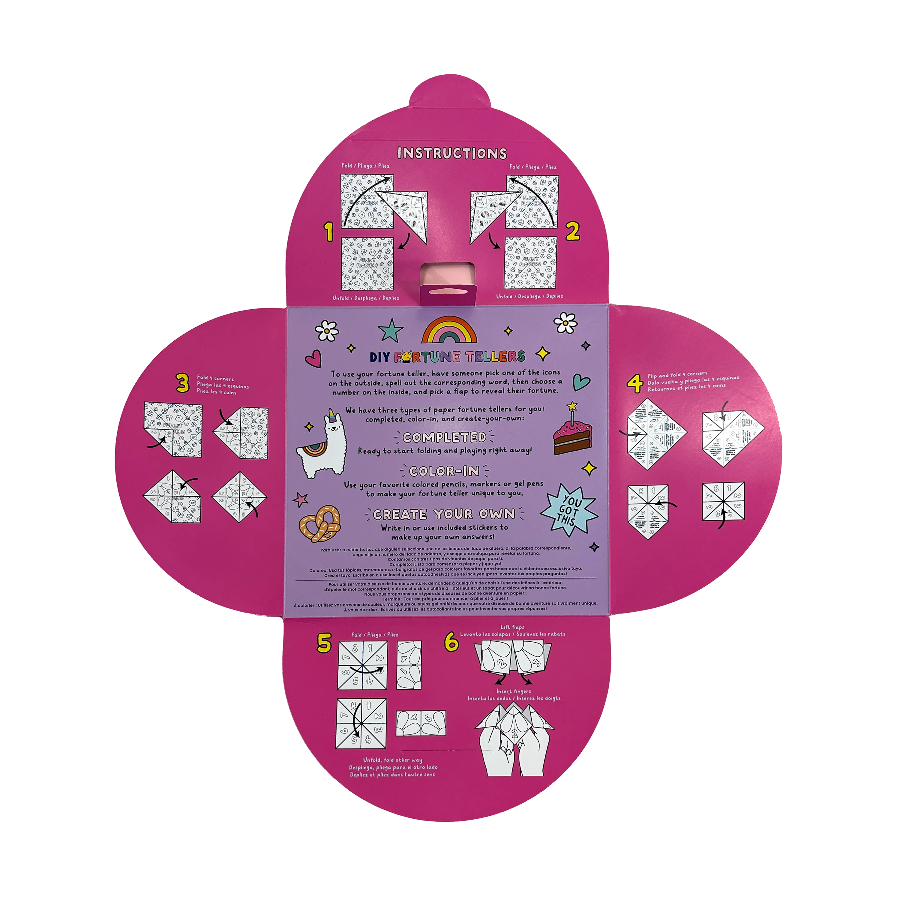 Unfolded instructions for building OOLY DIY Fortune Tellers Activity Kit