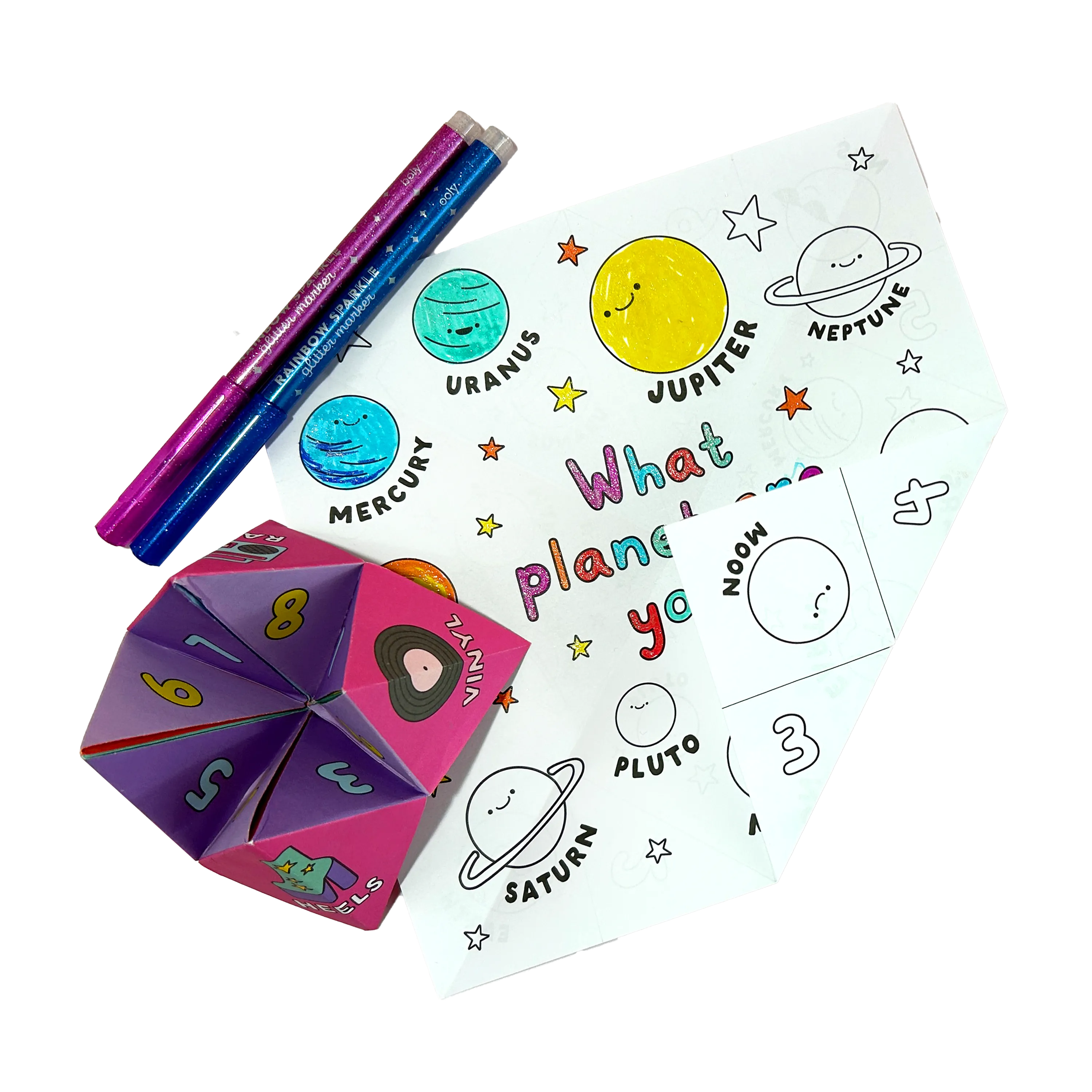 Colored page with markers and fortune teller from OOLY DIY Fortune Tellers Activity Kit