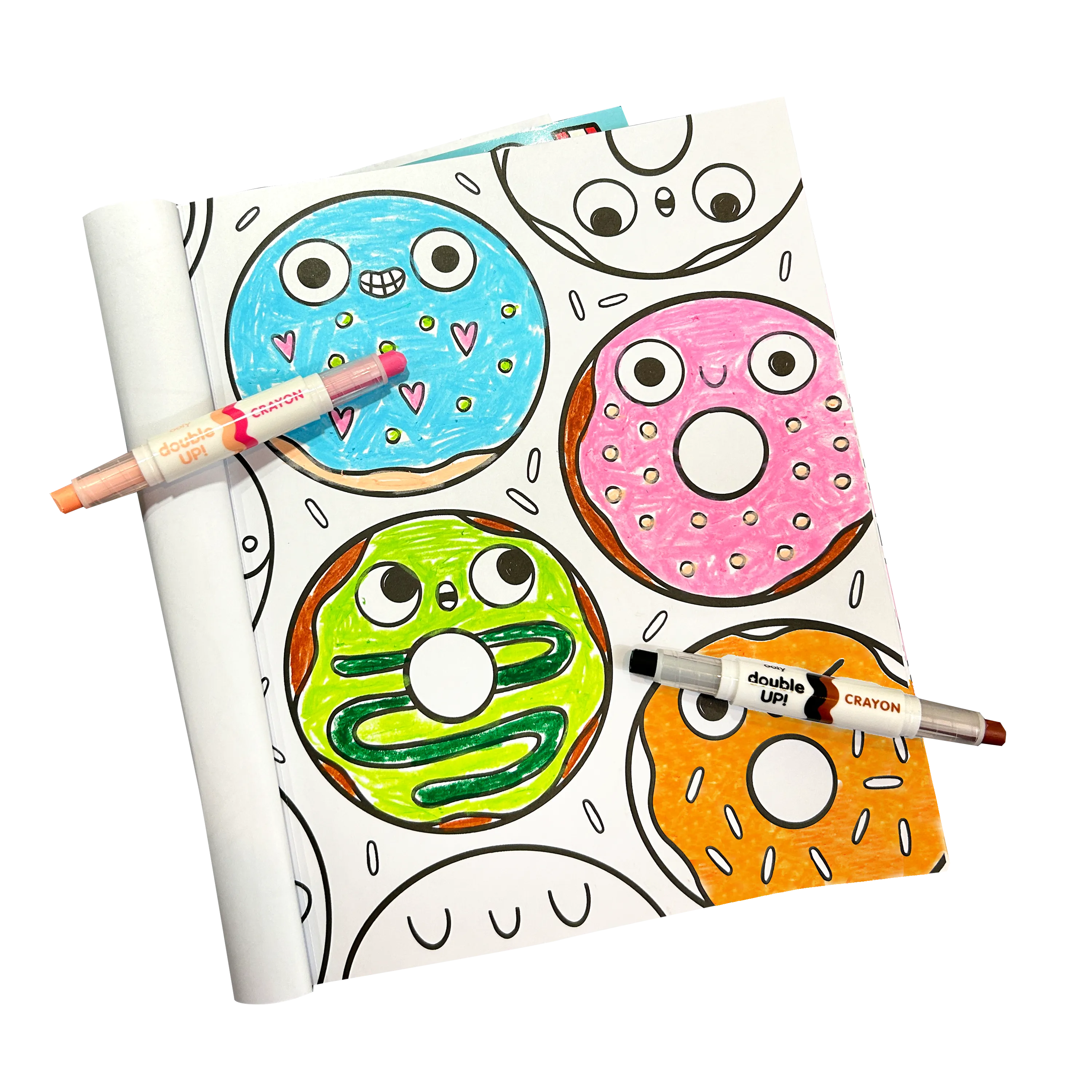 Coloring page with colored donuts colored with OOLY Double Up! Double-Ended Crayons