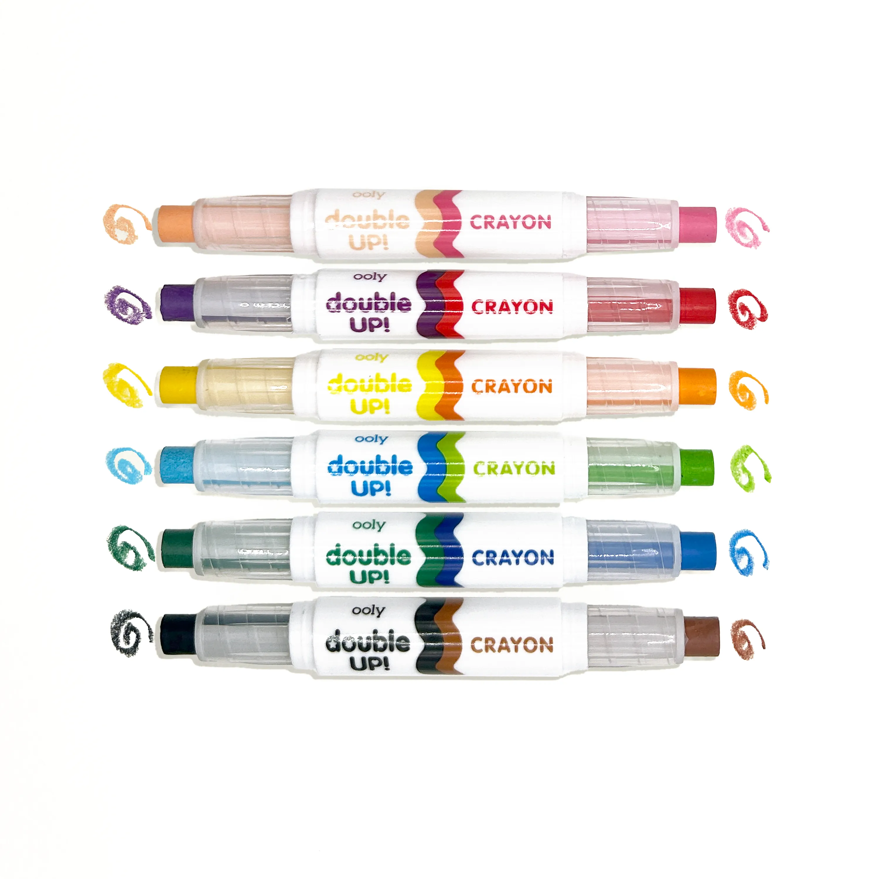 Row of uncapped OOLY Double Up! Double-Ended Crayons with spiral colored swatches