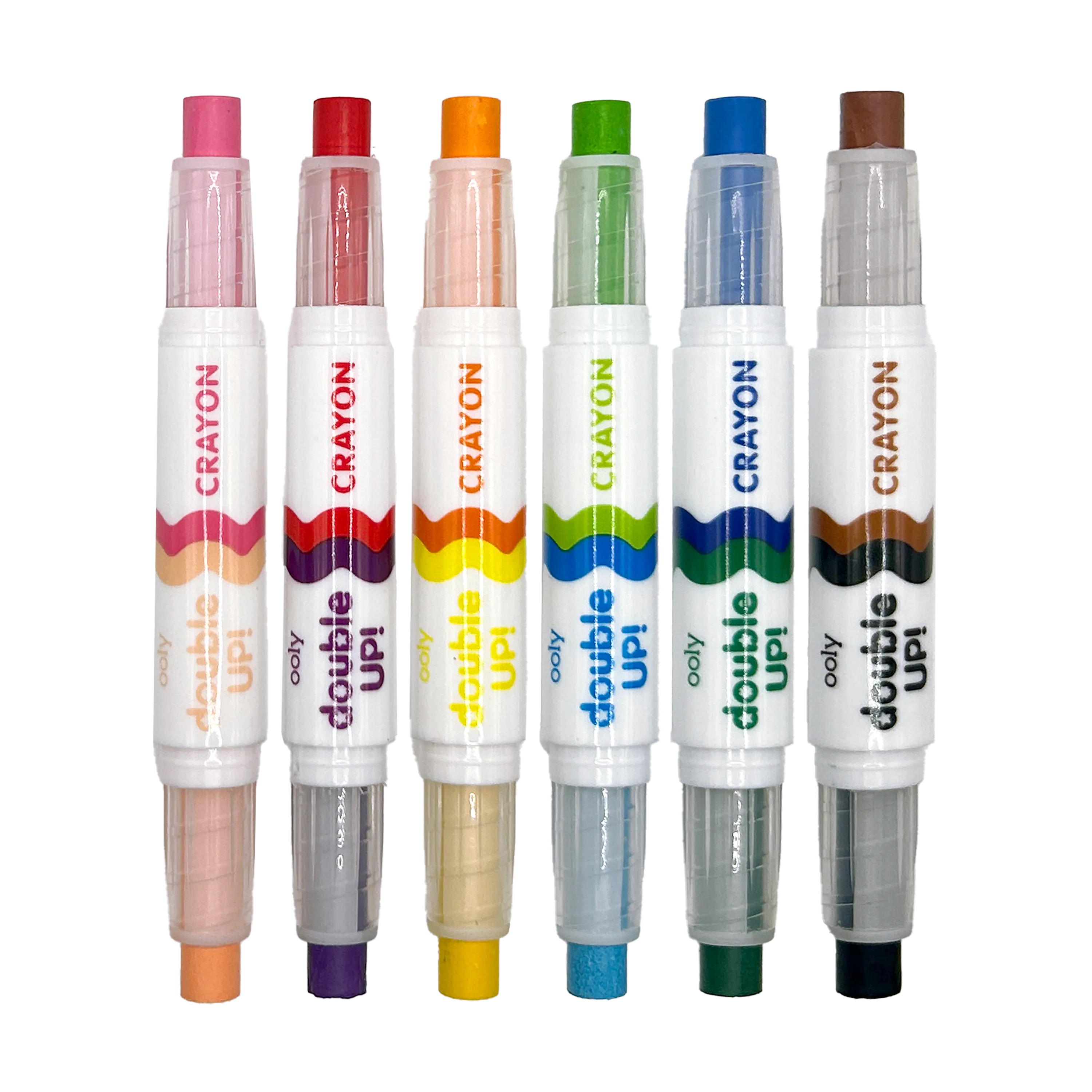 Row of uncapped OOLY Double Up! Double-Ended Crayons