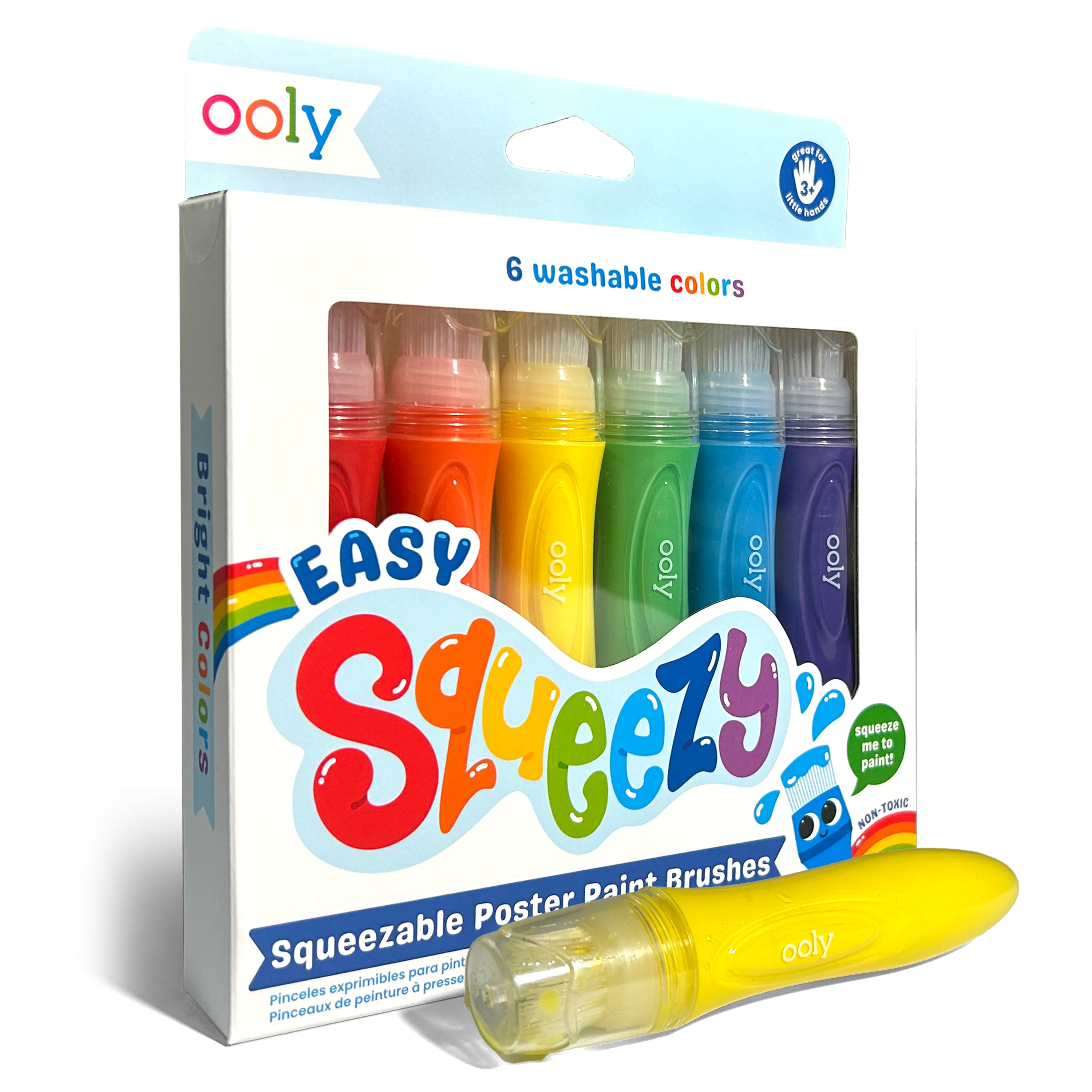 Quarter angle of packaging and paint brush of OOLY Easy Squeezy Squeezable Poster Paint Brushes