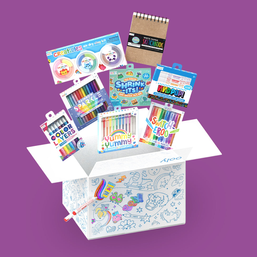 OOLY Faves Bonus Box with products coming out of colorable box on purple background