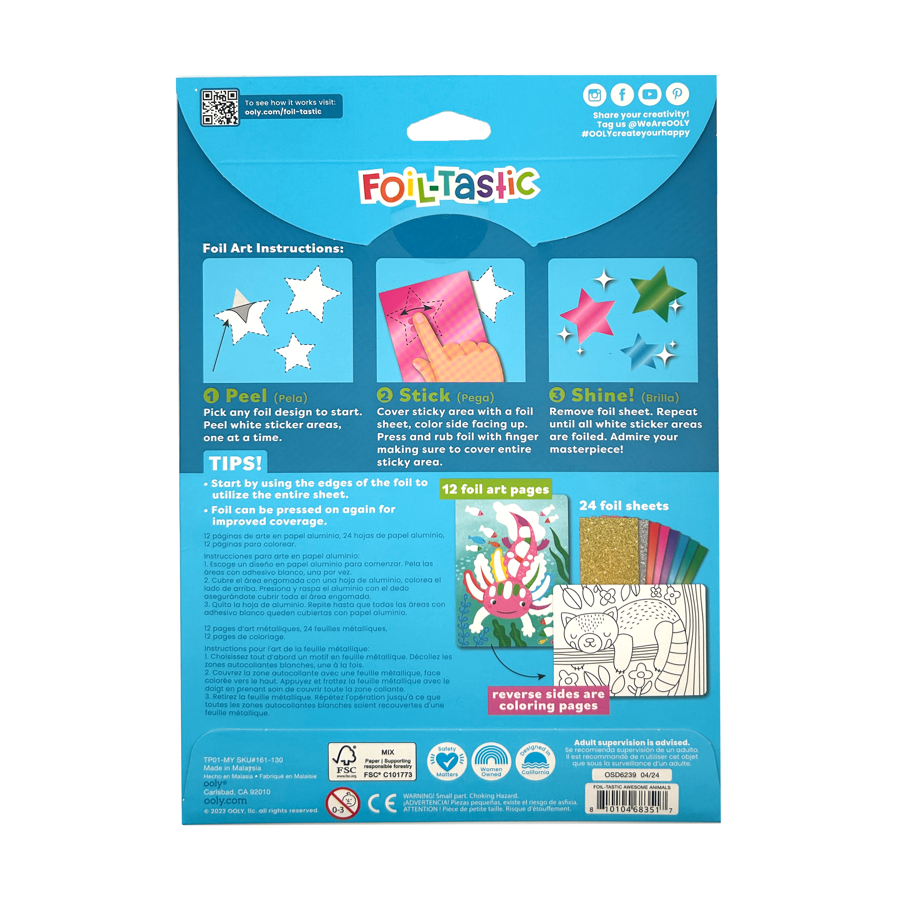 Back of packaging of OOLY Foil-tastic Foil Art & Coloring Set - Awesome Animals