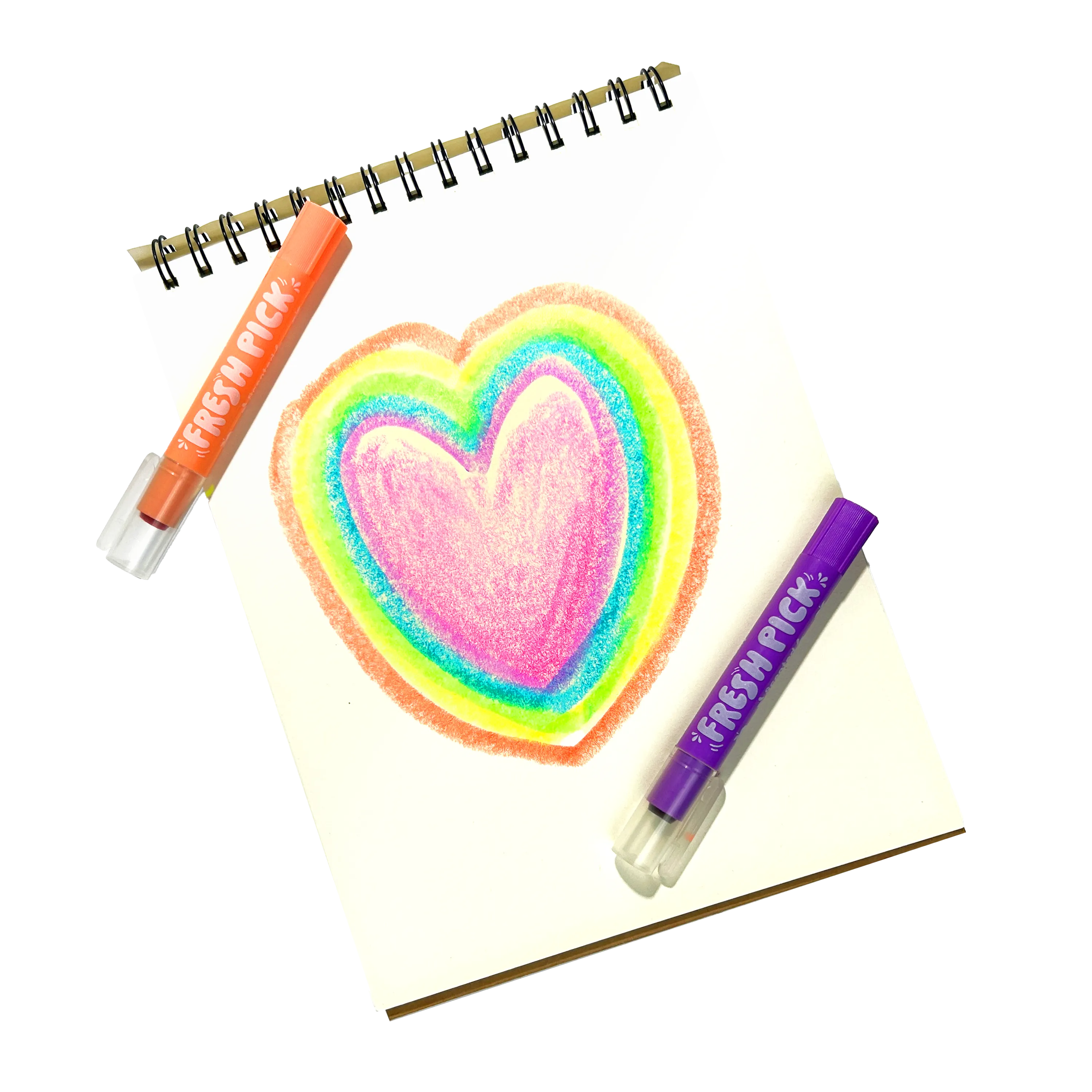 Colorful heart drawn on a sketchbook made with OOLY Fresh Pick Apple Scented Gel Crayons