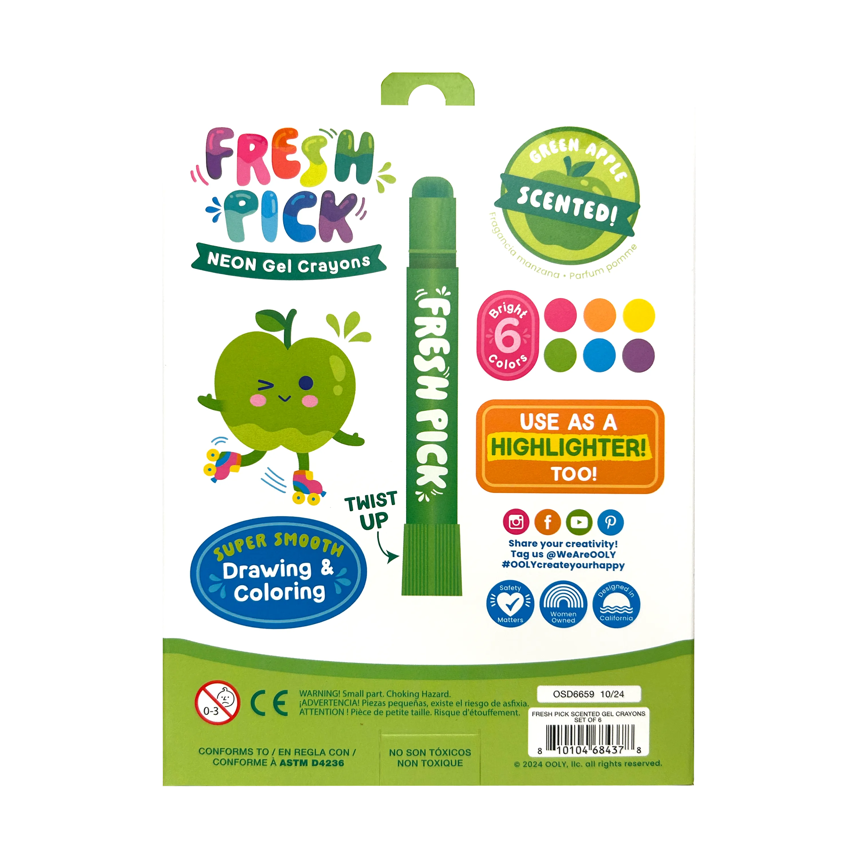 Back of packaging of OOLY Fresh Pick Apple Scented Gel Crayons