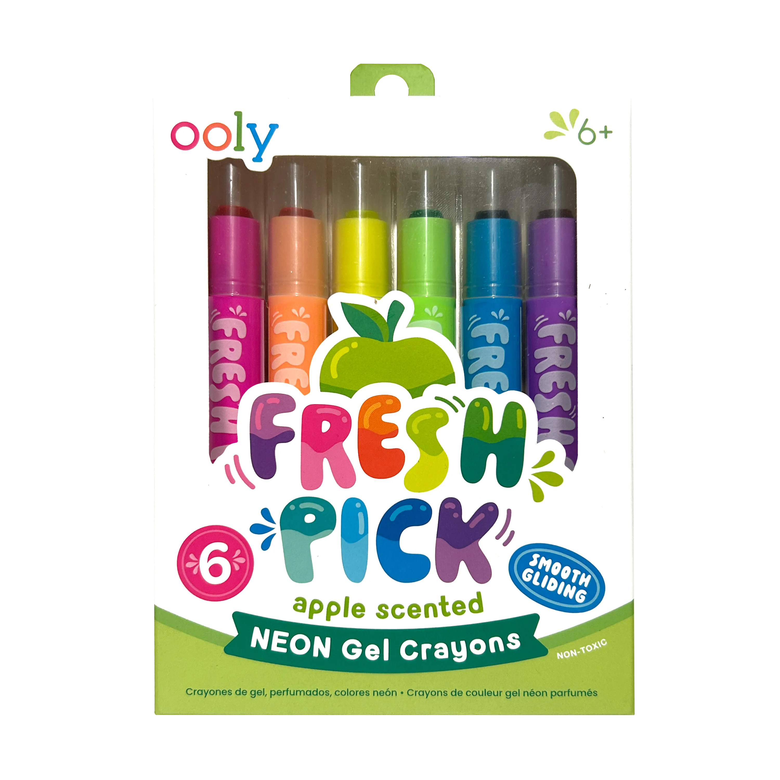 Front of packaging of OOLY Fresh Pick Apple Scented Gel Crayons