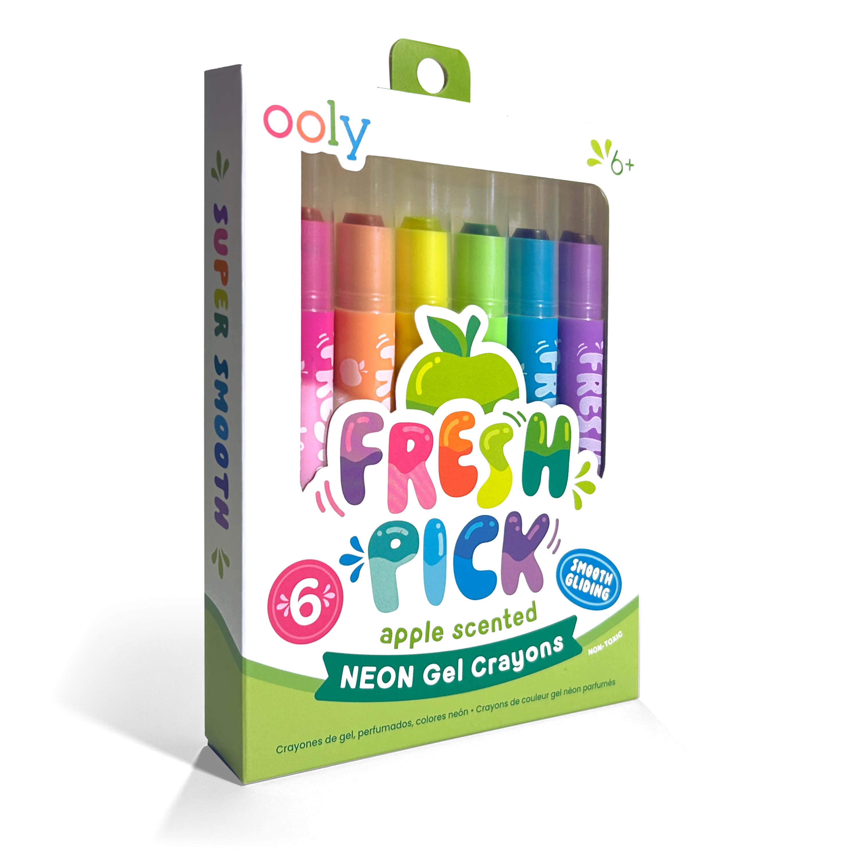 Quarter angle of packaging of OOLY Fresh Pick Apple Scented Gel Crayons