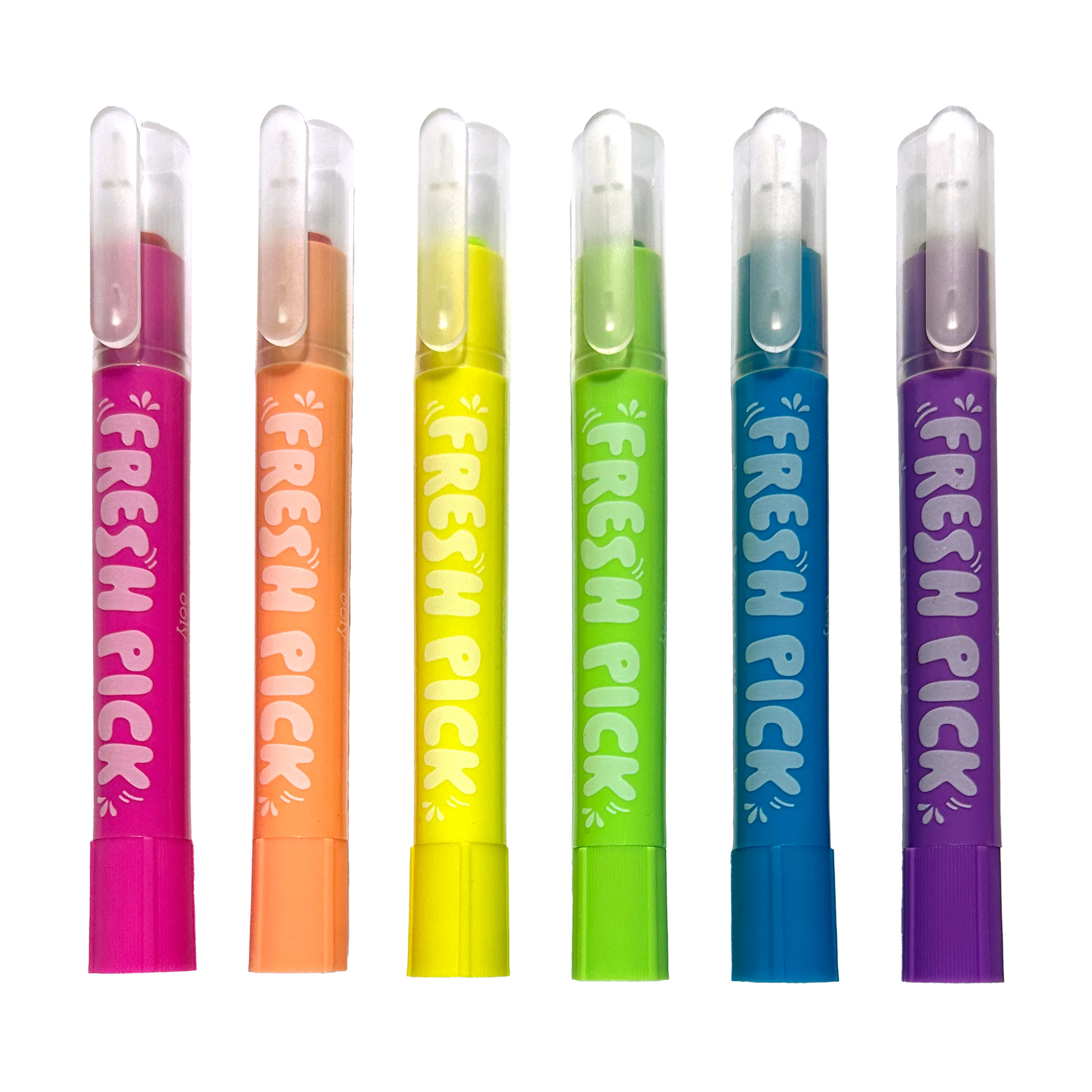 Row of capped crayons in rainbow order from the OOLY Fresh Pick Apple Scented Gel Crayons set