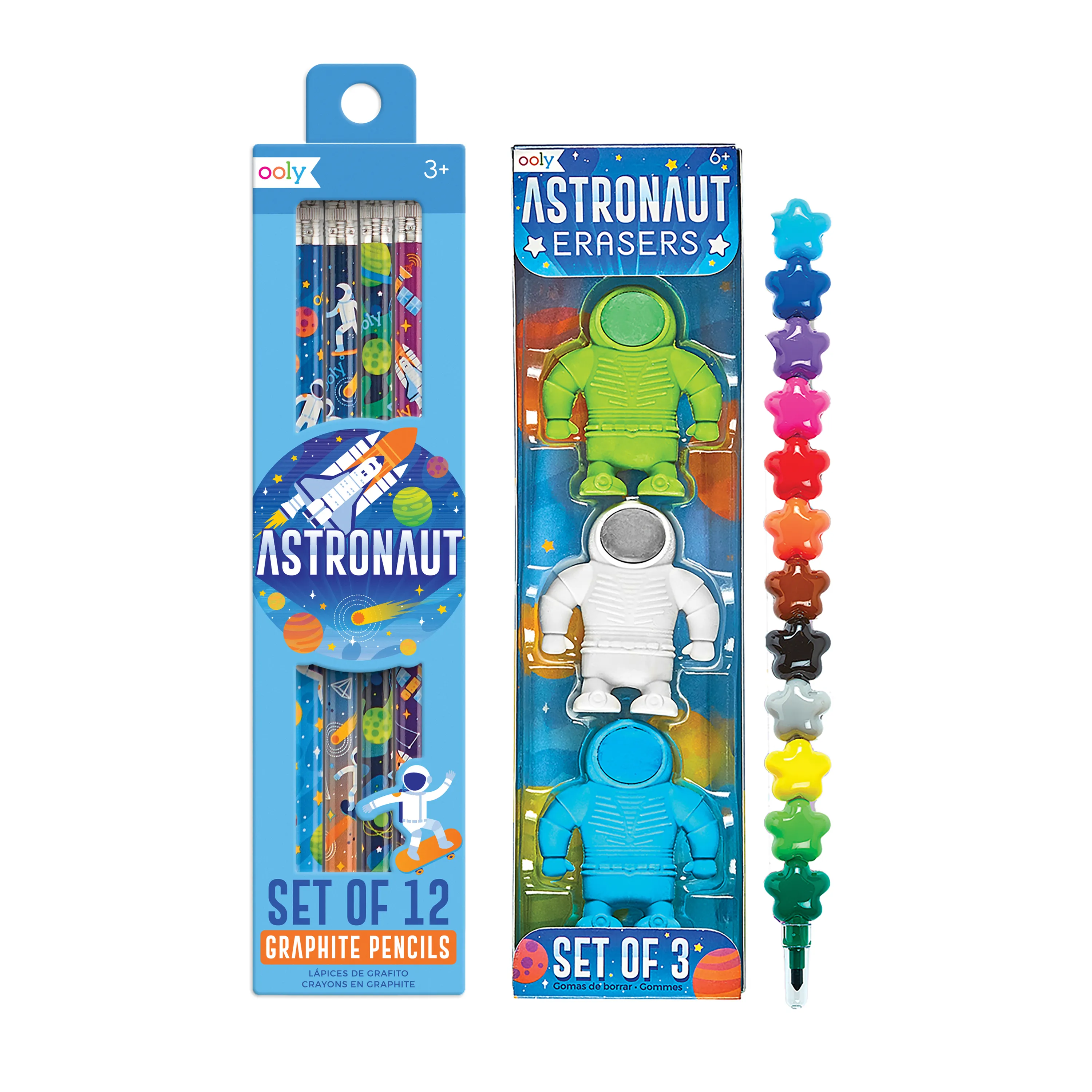 Graphite pencils, erasers and stacking star crayons from OOLY Galaxy Astronauts Happy Pack