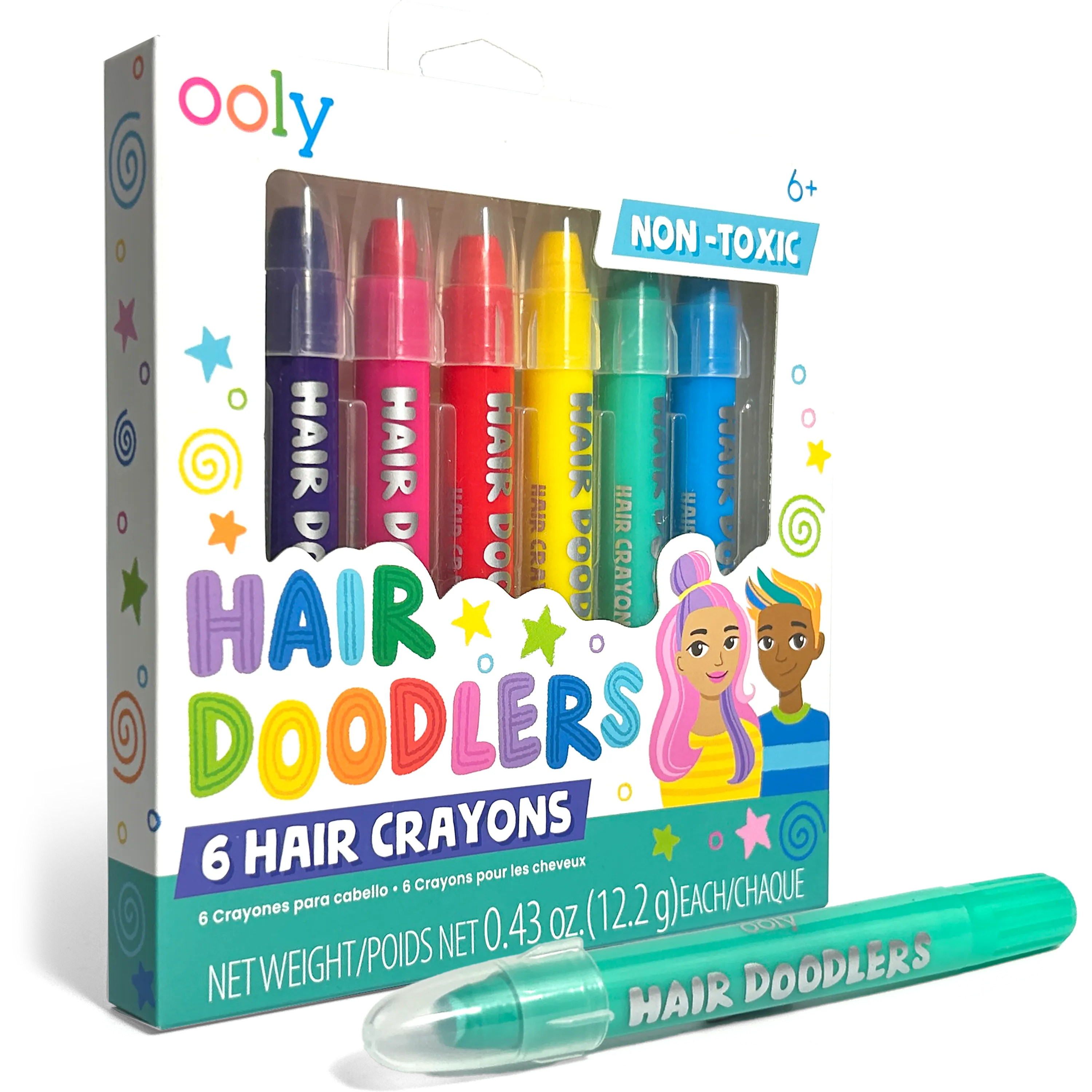 OOLY Hair Doodlers Hair Crayons - Set of 6 quarter angle of packaging