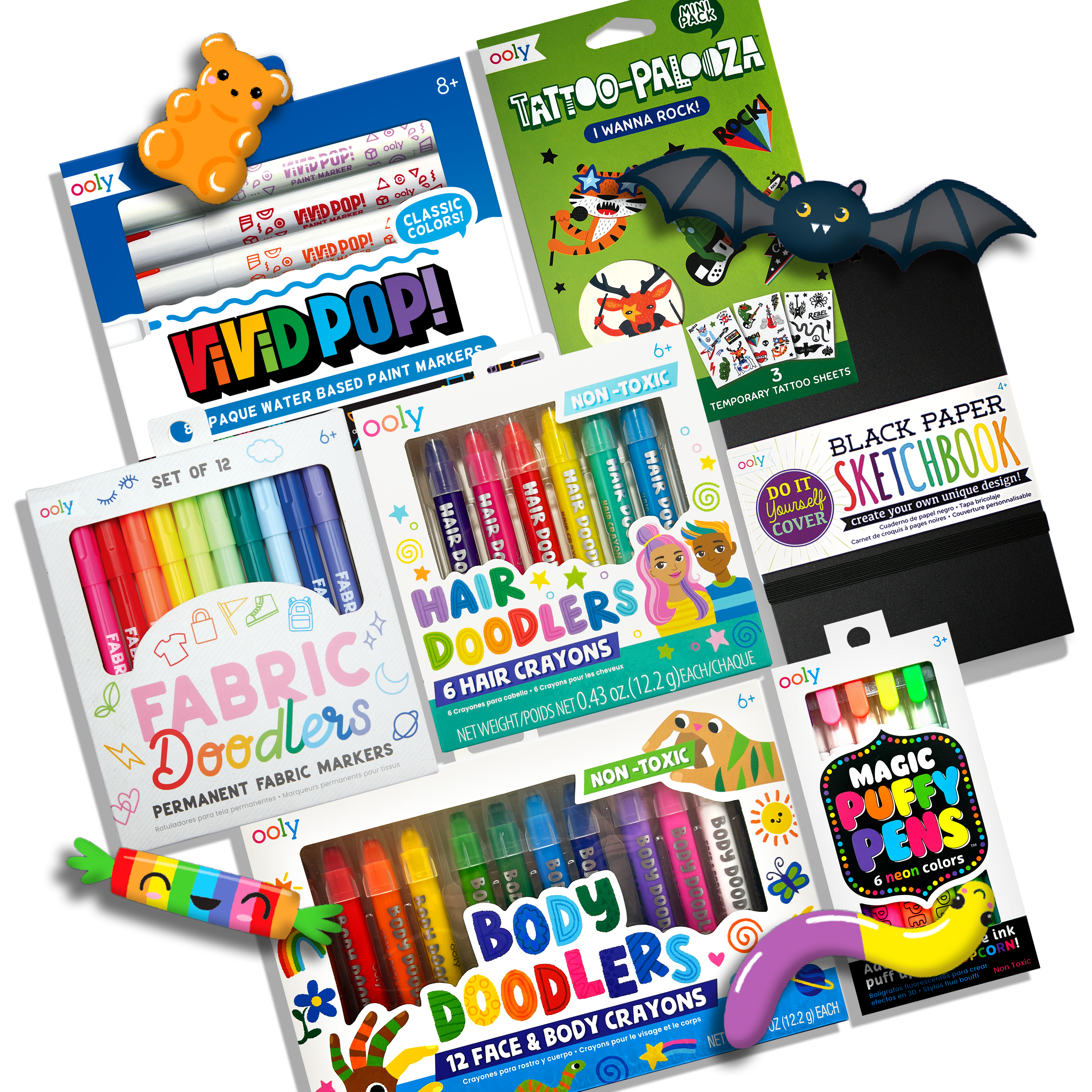 Collection of products from OOLY Halloween Bonus Box with cartoon overlays