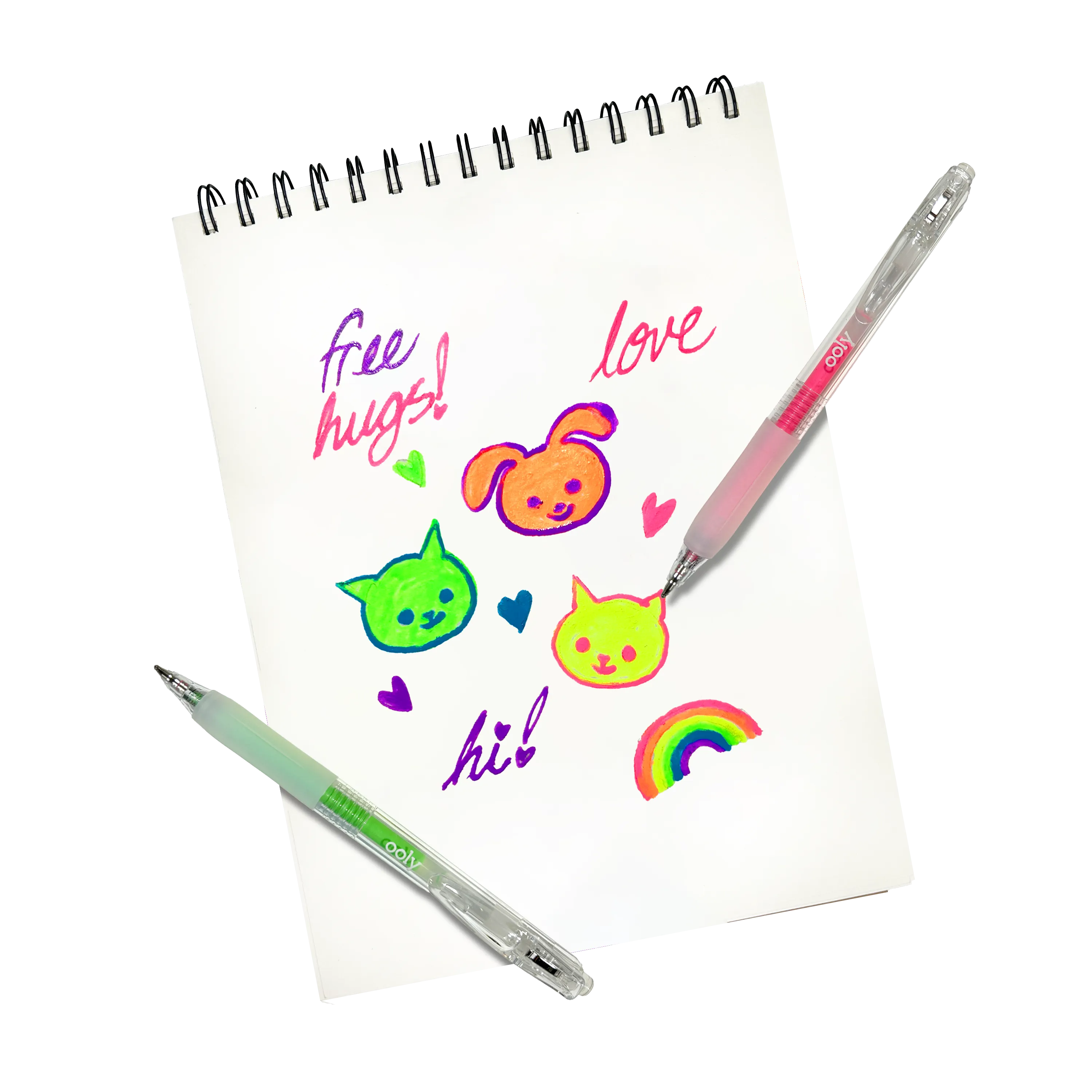 Drawings of cats and a dog with "free hugs" and a rainbow on a white sketchbook made with OOLY Jelly Gloss Neon Multi-Surface Deco Gel Pens