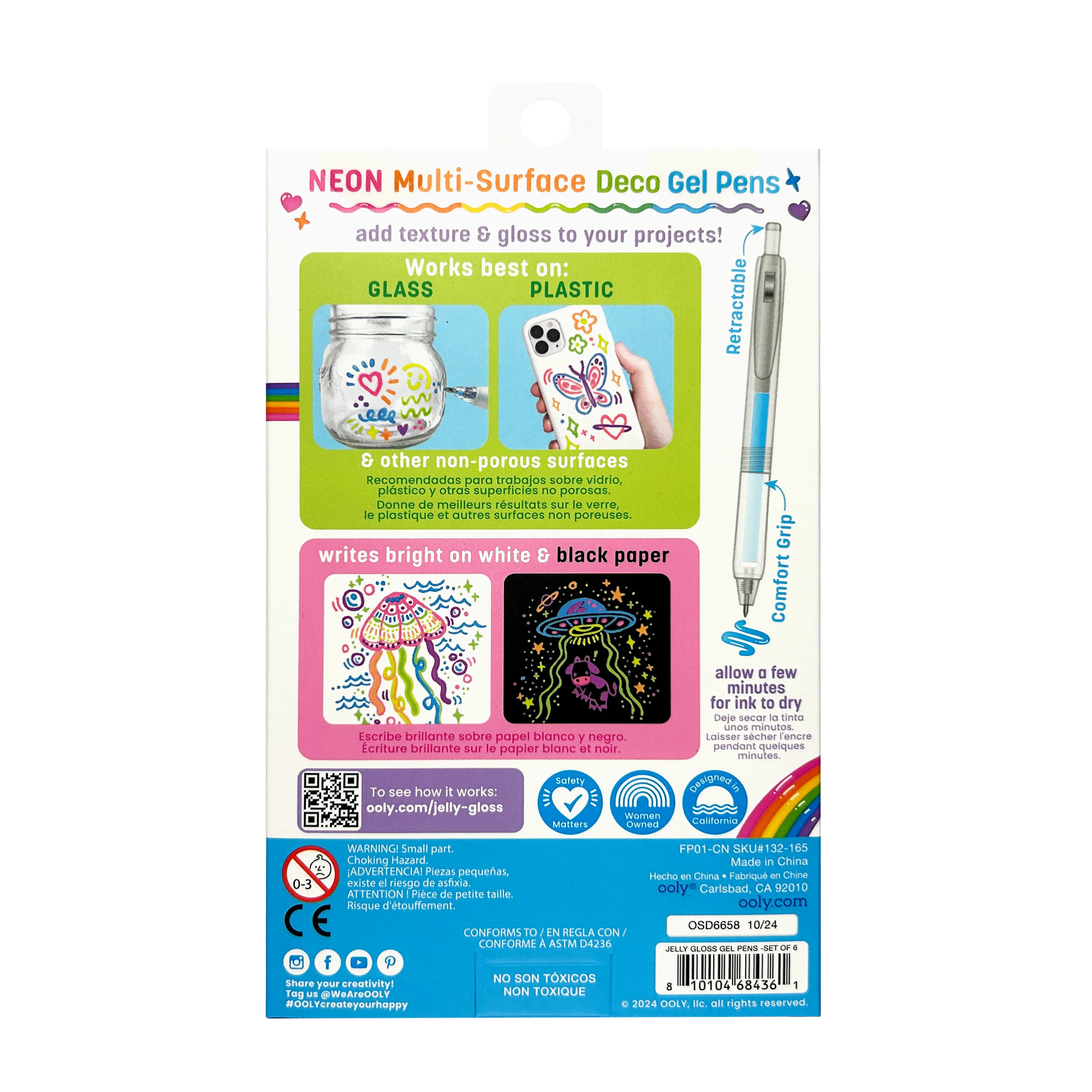 Back of packaging of set of OOLY Jelly Gloss Neon Multi-Surface Deco Gel Pens