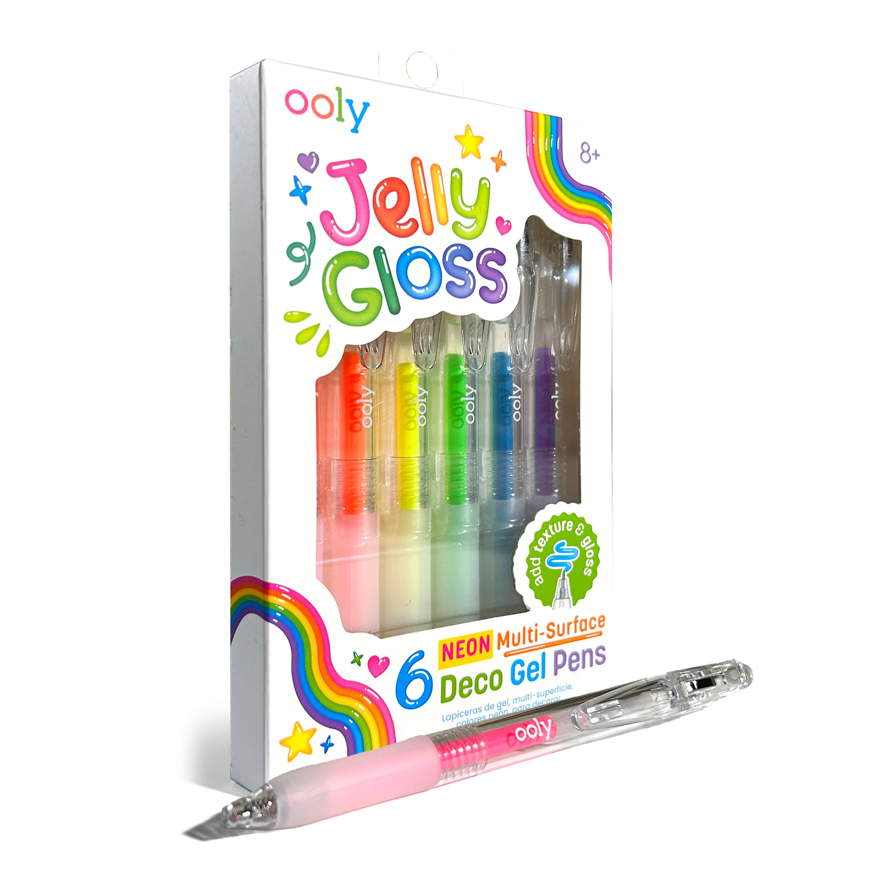 Quarter angle of packaging and pen of OOLY Jelly Gloss Neon Multi-Surface Deco Gel Pens