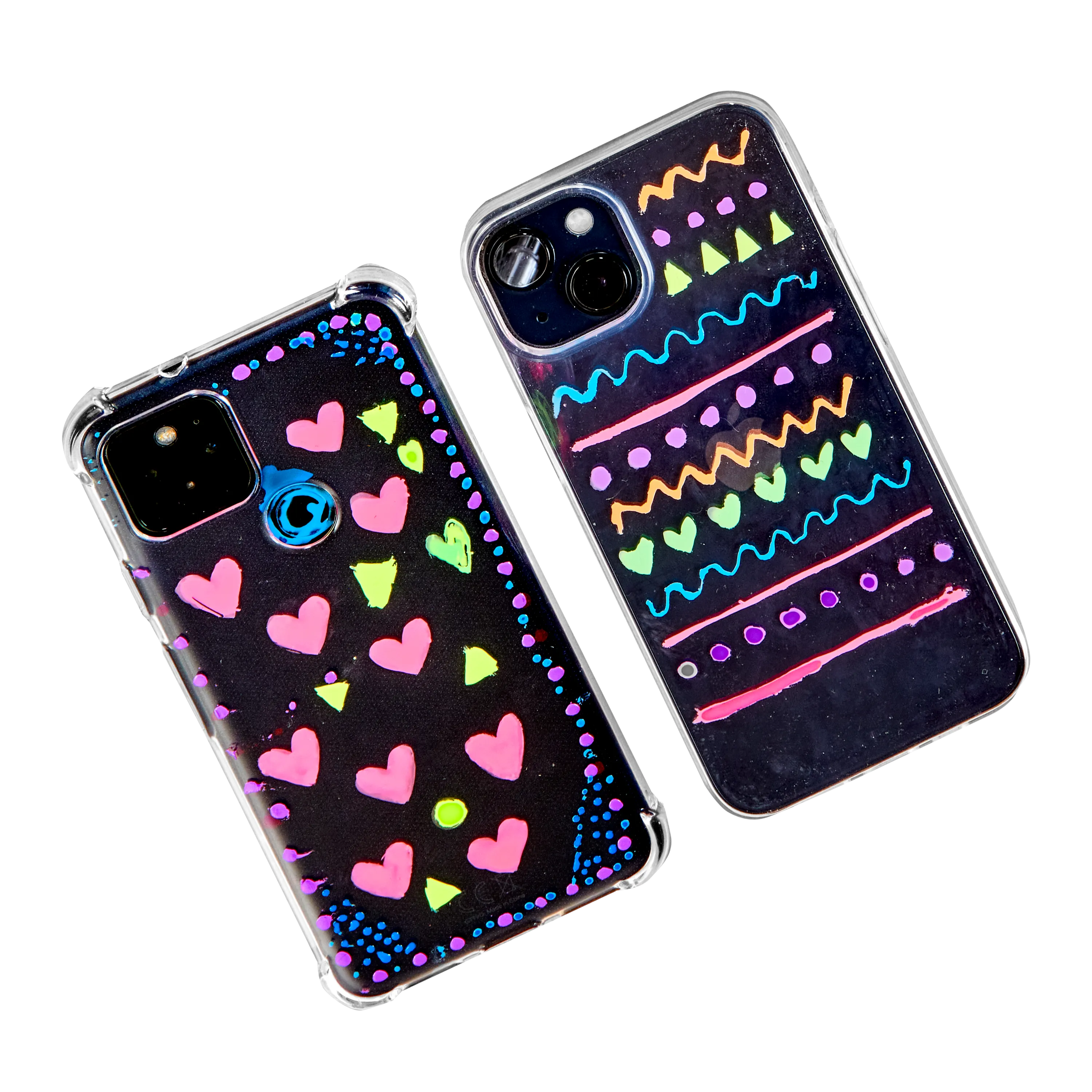 Two phone cases decorated with OOLY Jelly Gloss Neon Multi-Surface Deco Gel Pens