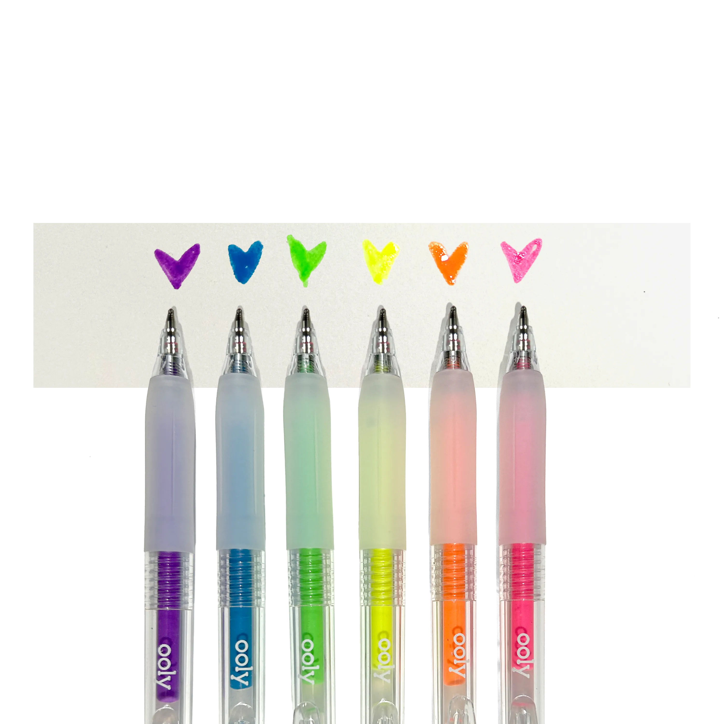 Row of OOLY Jelly Gloss Neon Multi-Surface Deco Gel Pens with colored heart swatches