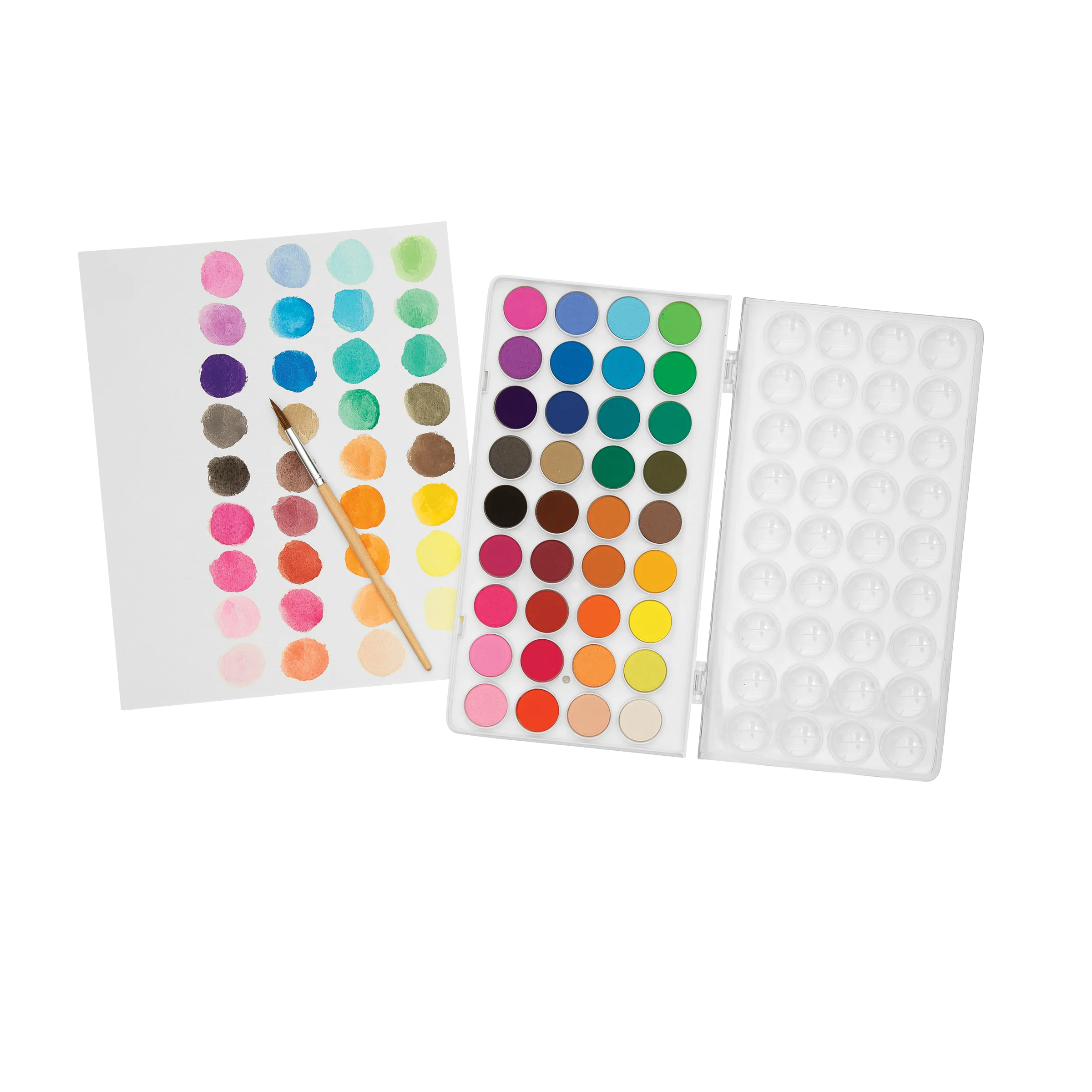 Opened set of OOLY Lil Watercolor Paint Pods with painted colored swatches on watercolor paper