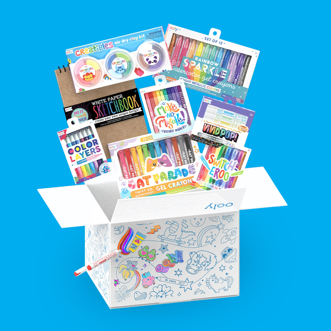 Collection of products coming out of coloring box from OOLY Magic Maker Bonus Box