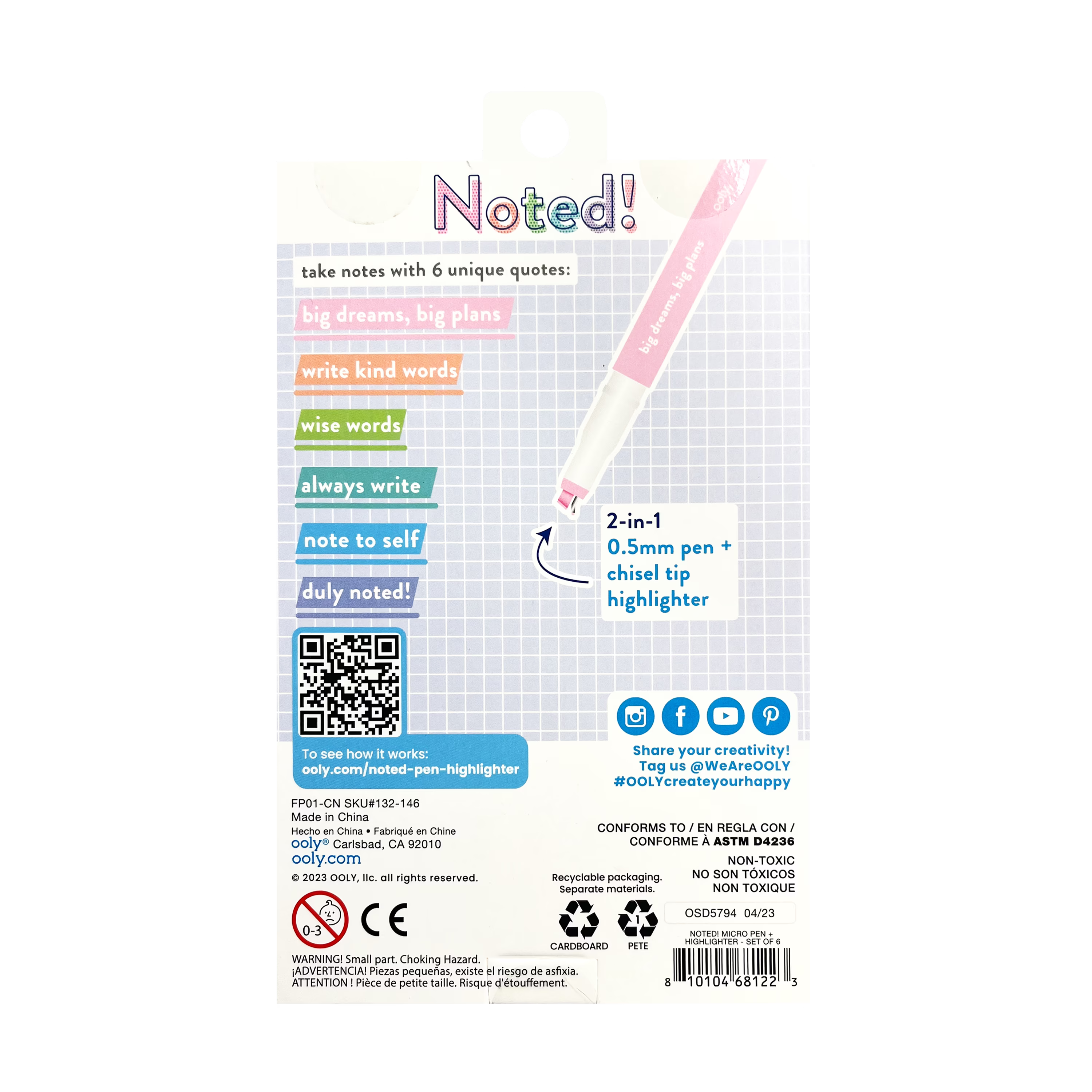 Back of packaging of OOLY Noted! 2-in-1 Micro Fine Tip Pen and Highlighters