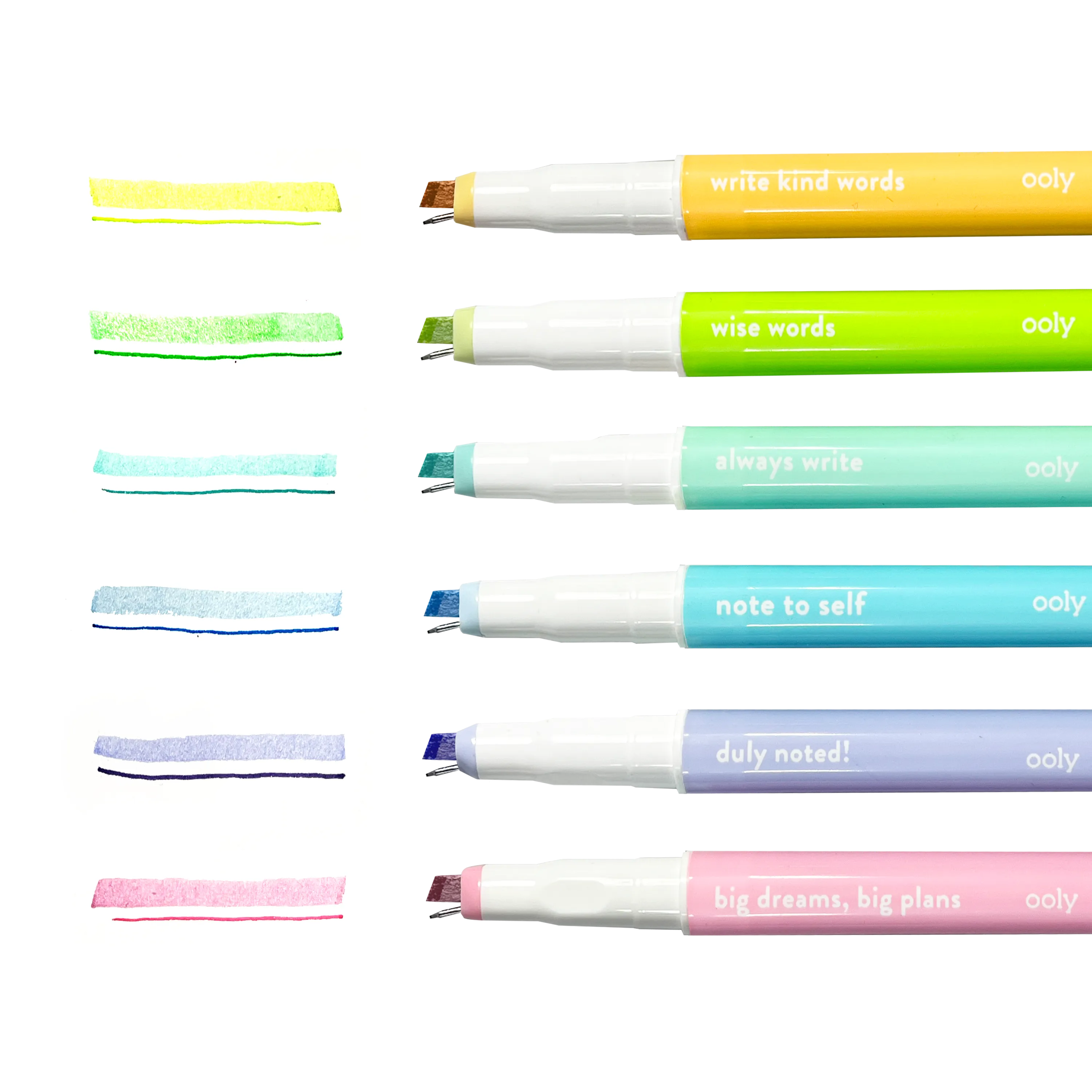 Row of uncapped OOLY Noted! 2-in-1 Micro Fine Tip Pen and Highlighters with pen and highlighter swatches