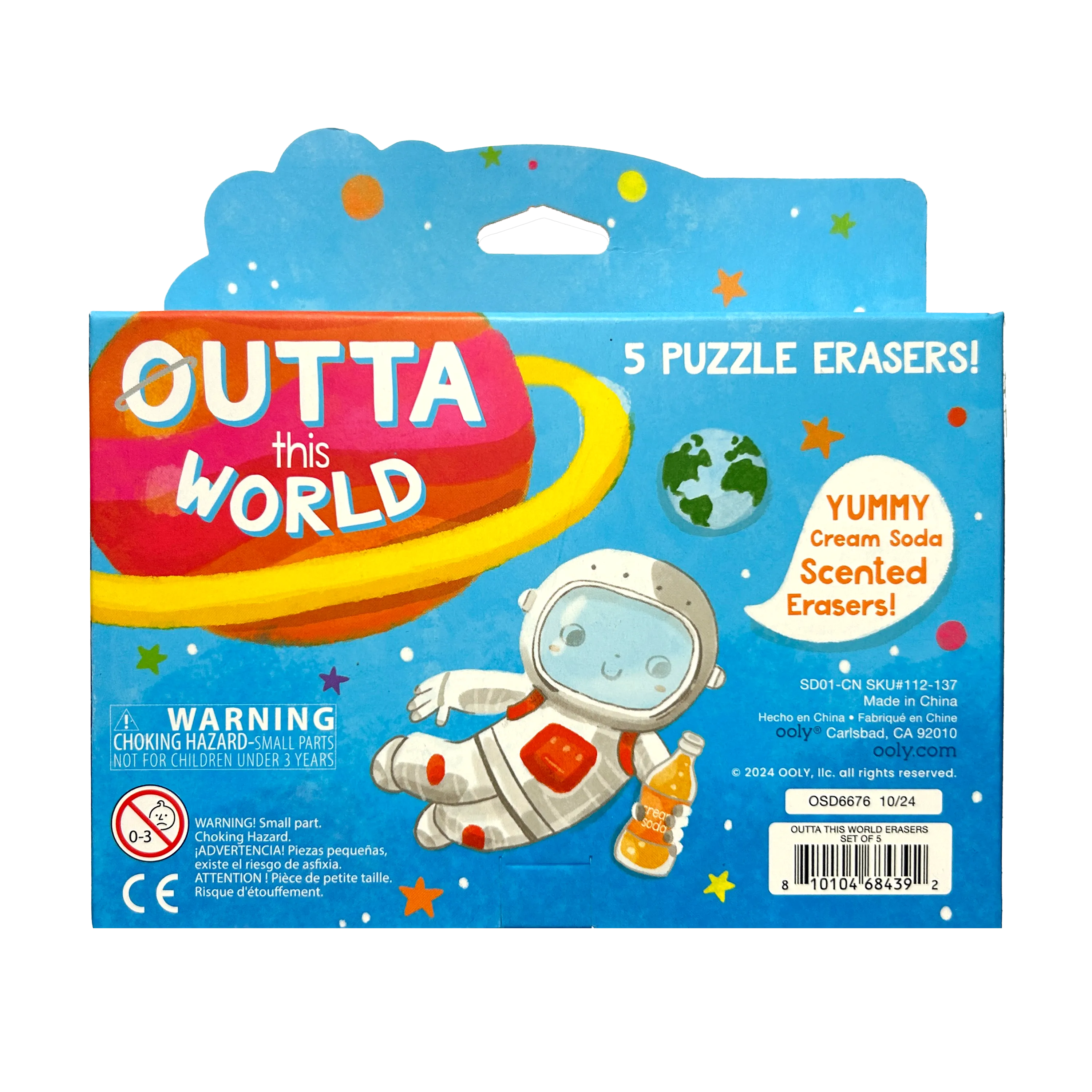 Back of package of OOLY Outta This World Scented Puzzle Erasers