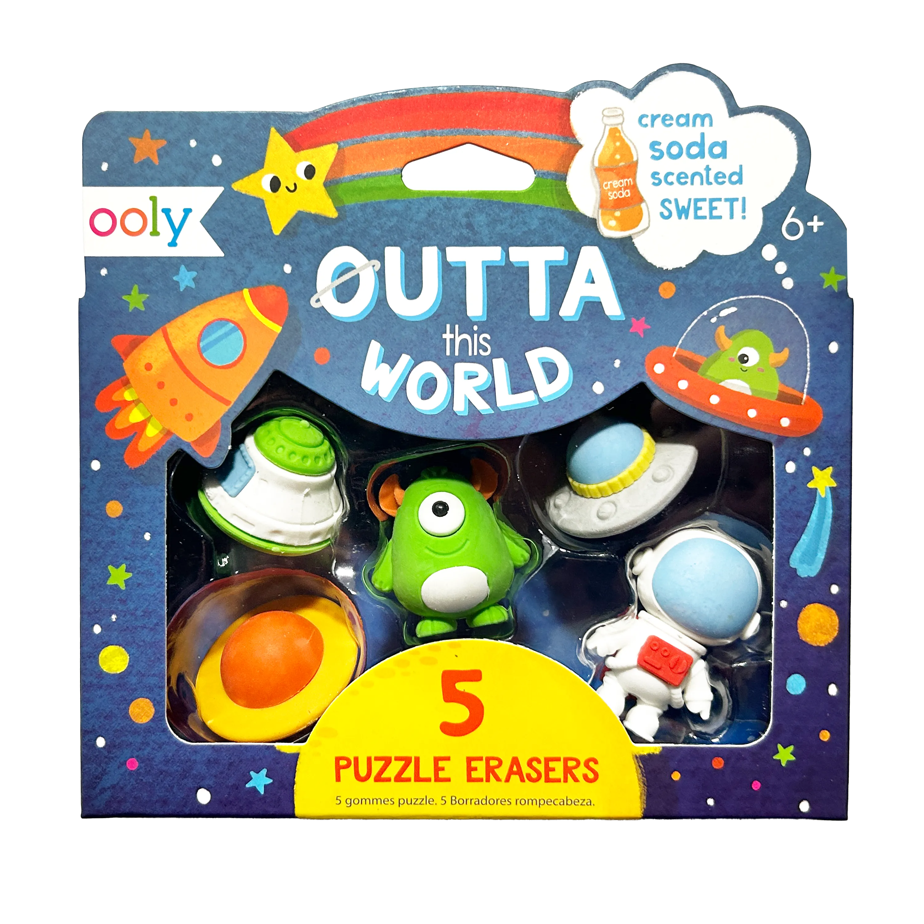 Front of packaging of OOLY Outta This World Scented Puzzle Erasers