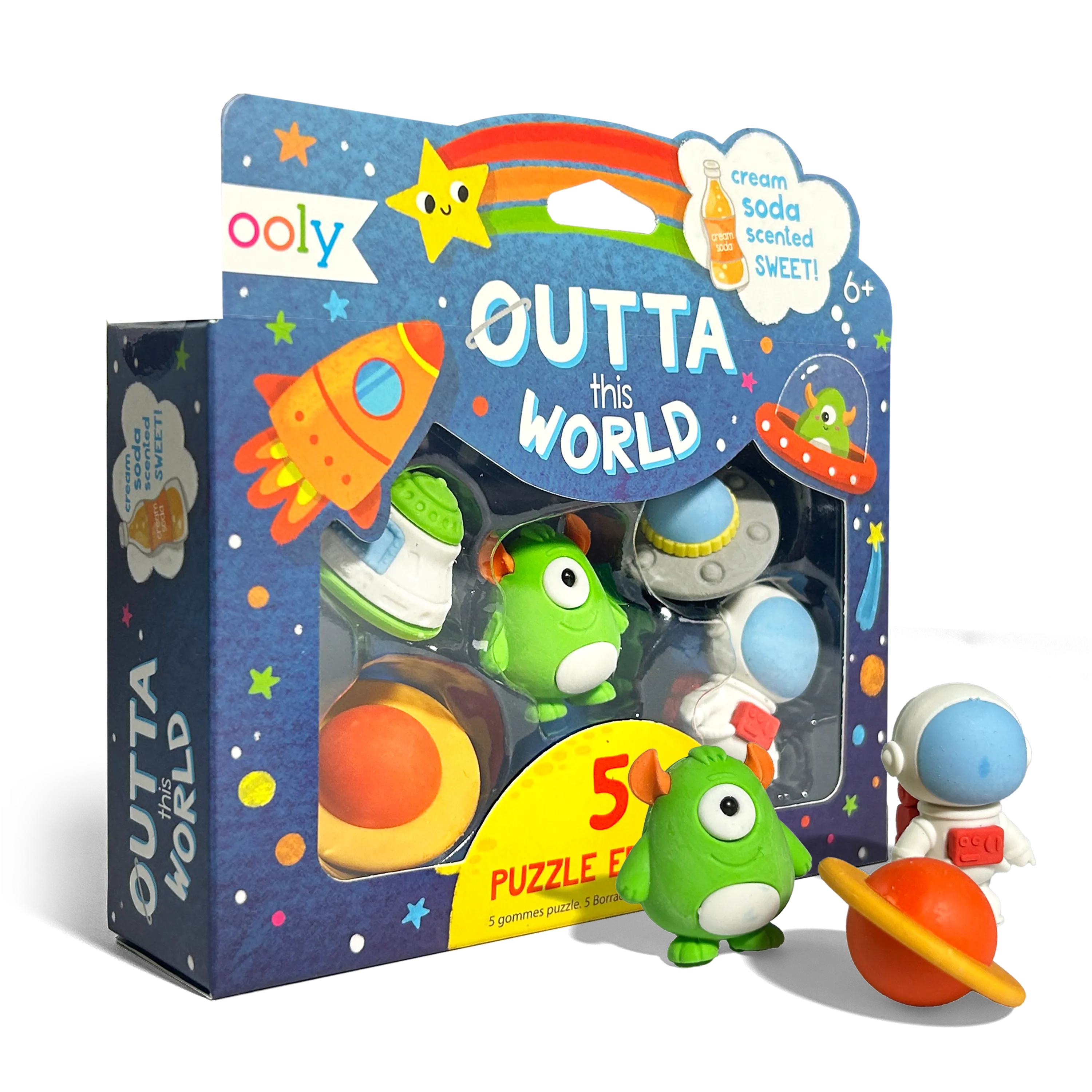 Quarter angle of packaging and erasers of OOLY Outta This World Scented Puzzle Erasers