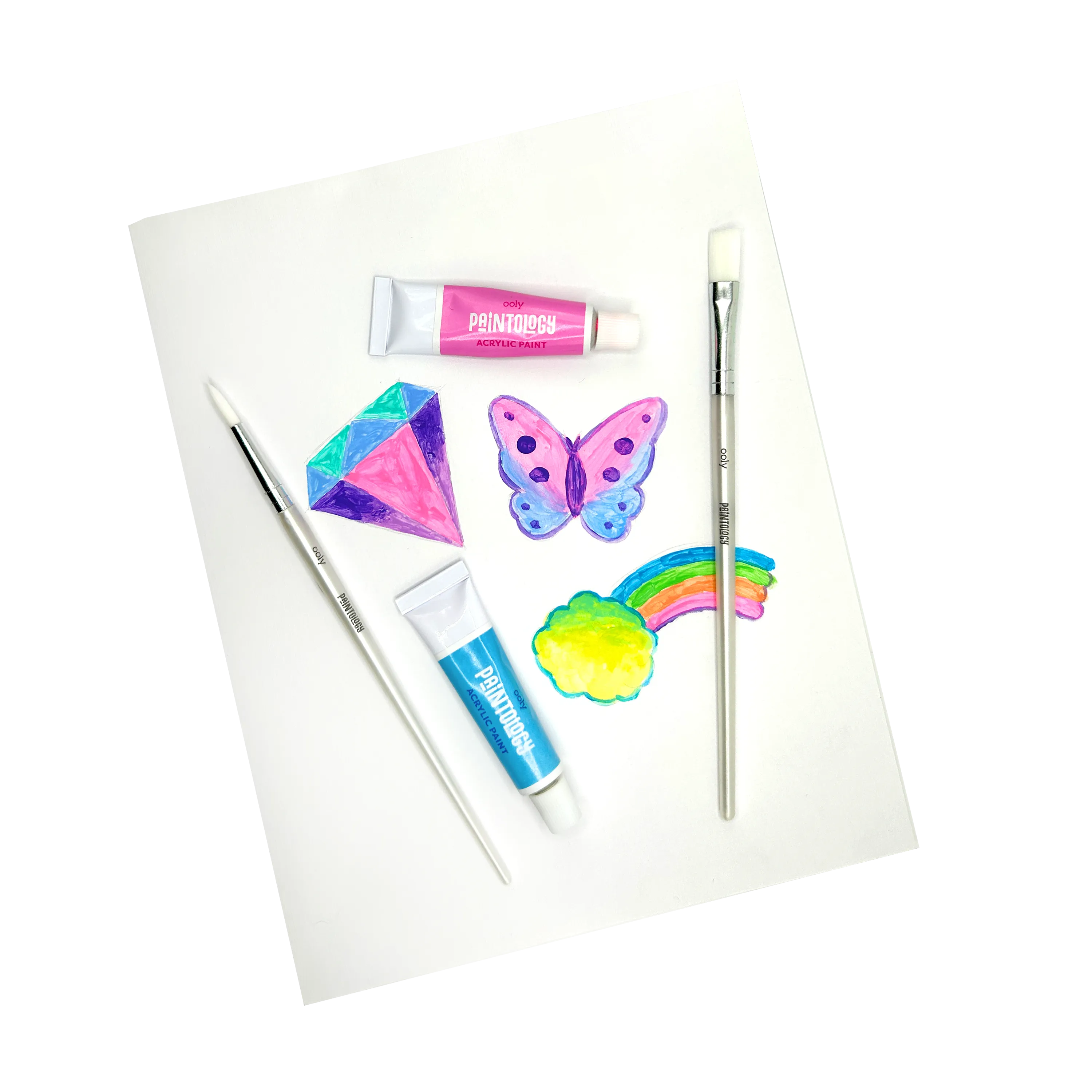 Diamond, Butterfly and rainbow cloudpaintings on paper with paintbrushes and tubes from OOLY Paintology Acrylic Paint Set - Plastel Colors