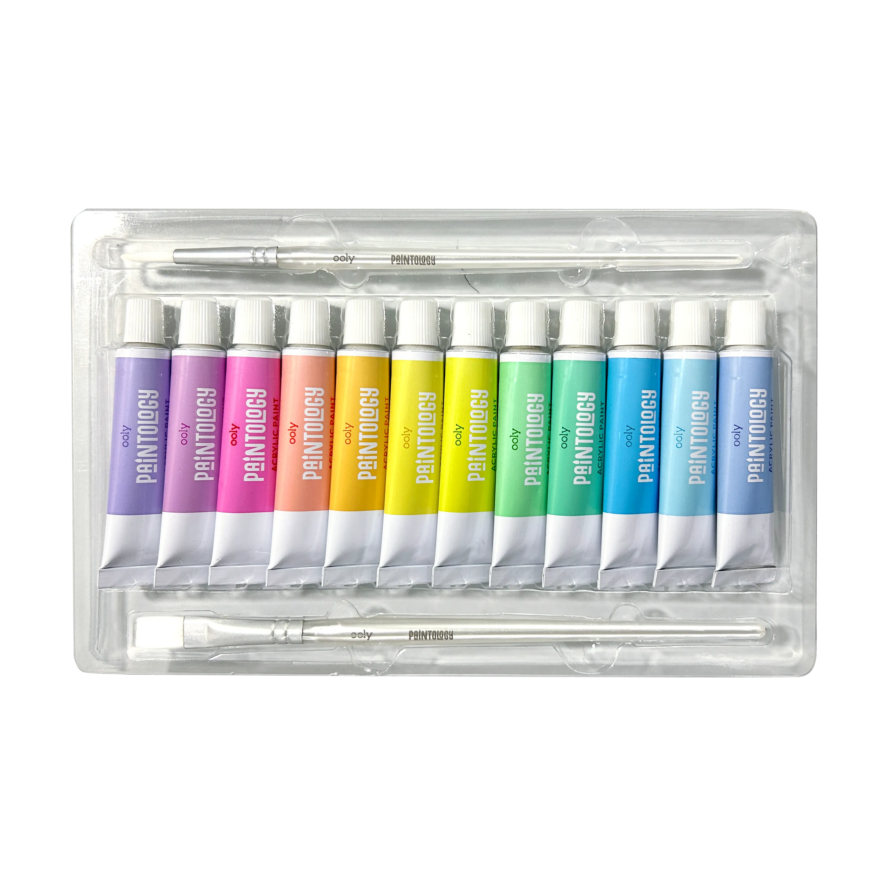 Acrylic paint tubes and paintbrushes in tray of OOLY Paintology Acrylic Paint Set - Pastel Colors