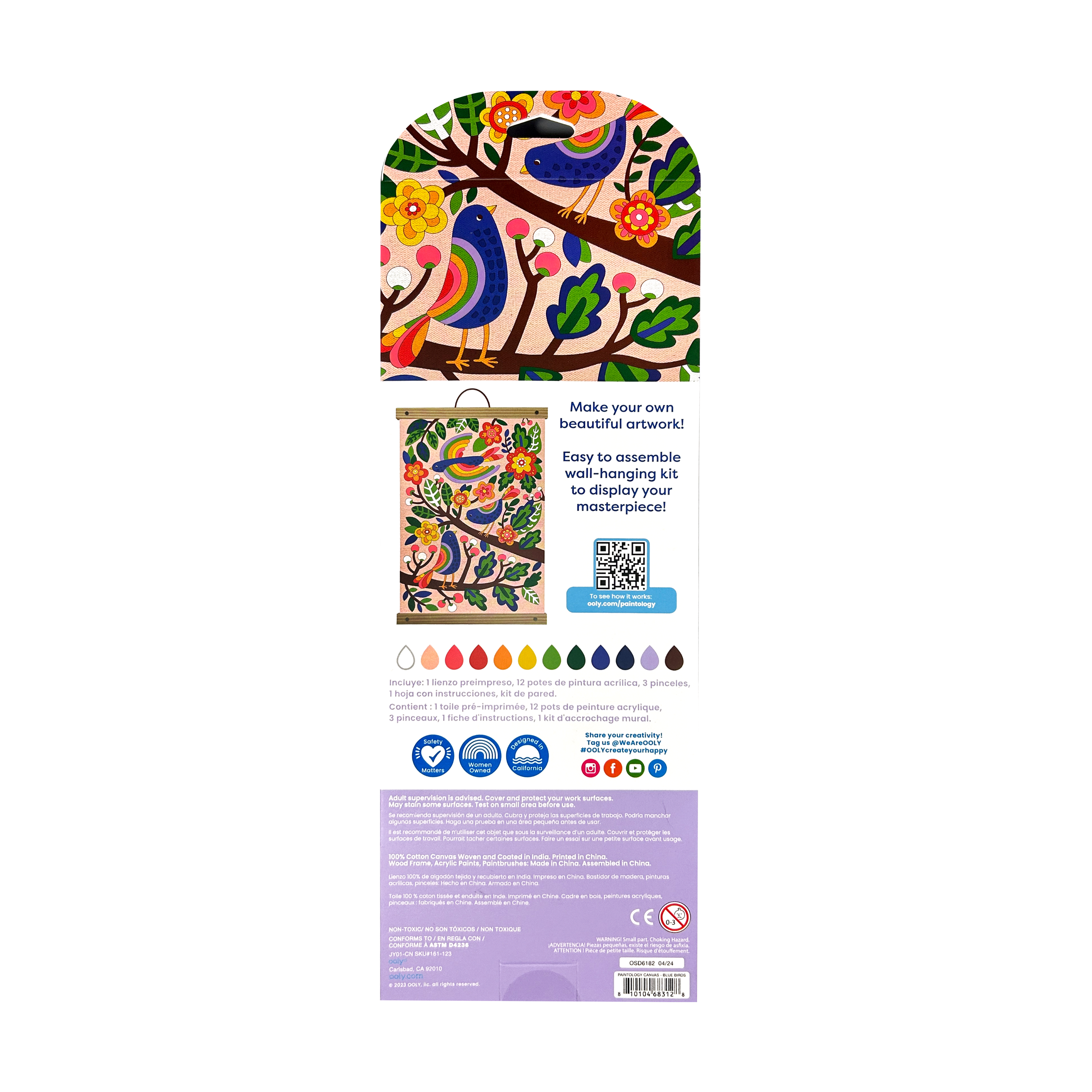 Back of packaging of OOLY Paintology Paint-By-Number Canvas Kit - Blue Birds