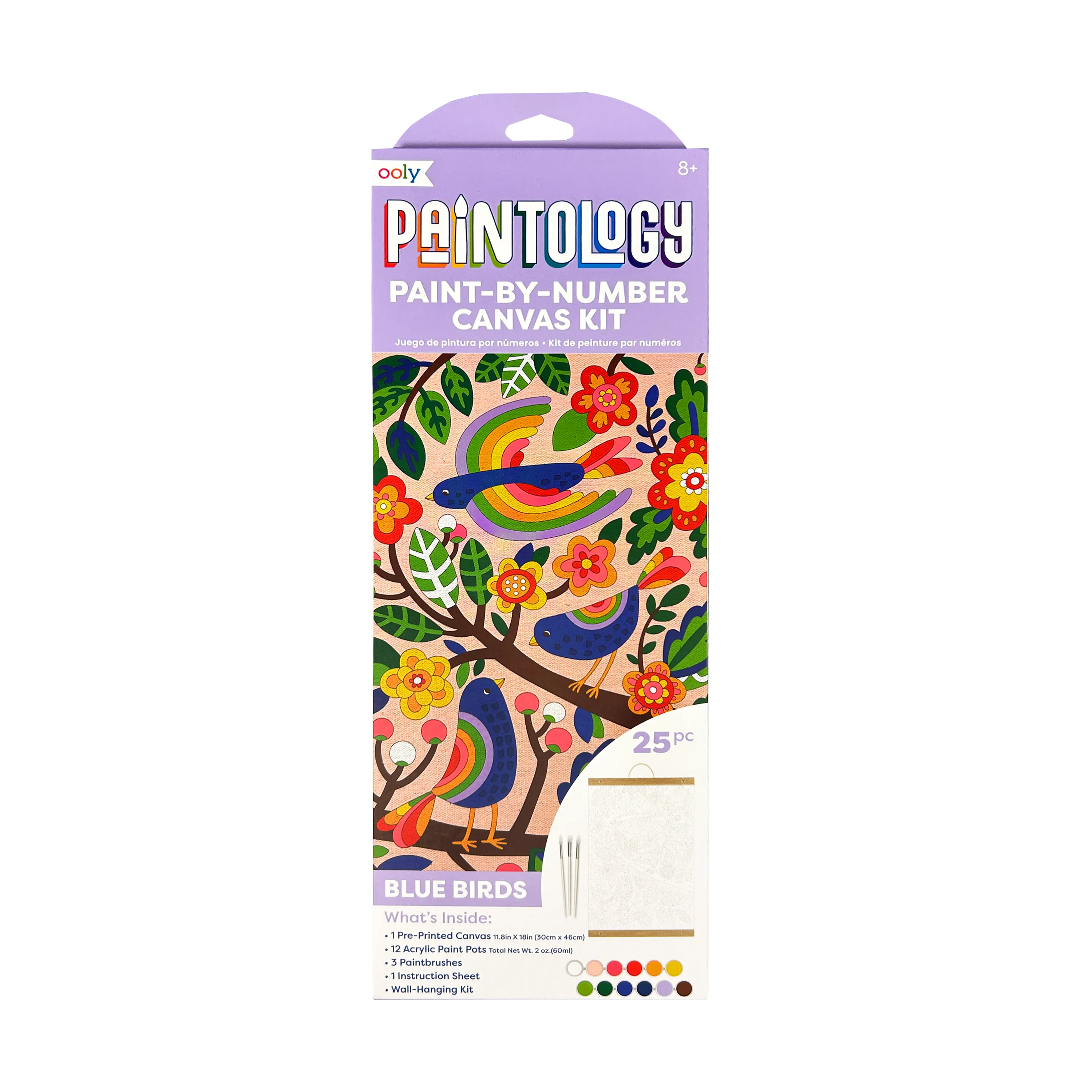 Front of package of OOLY Paintology Paint-By-Number Canvas Kit - Blue Birds