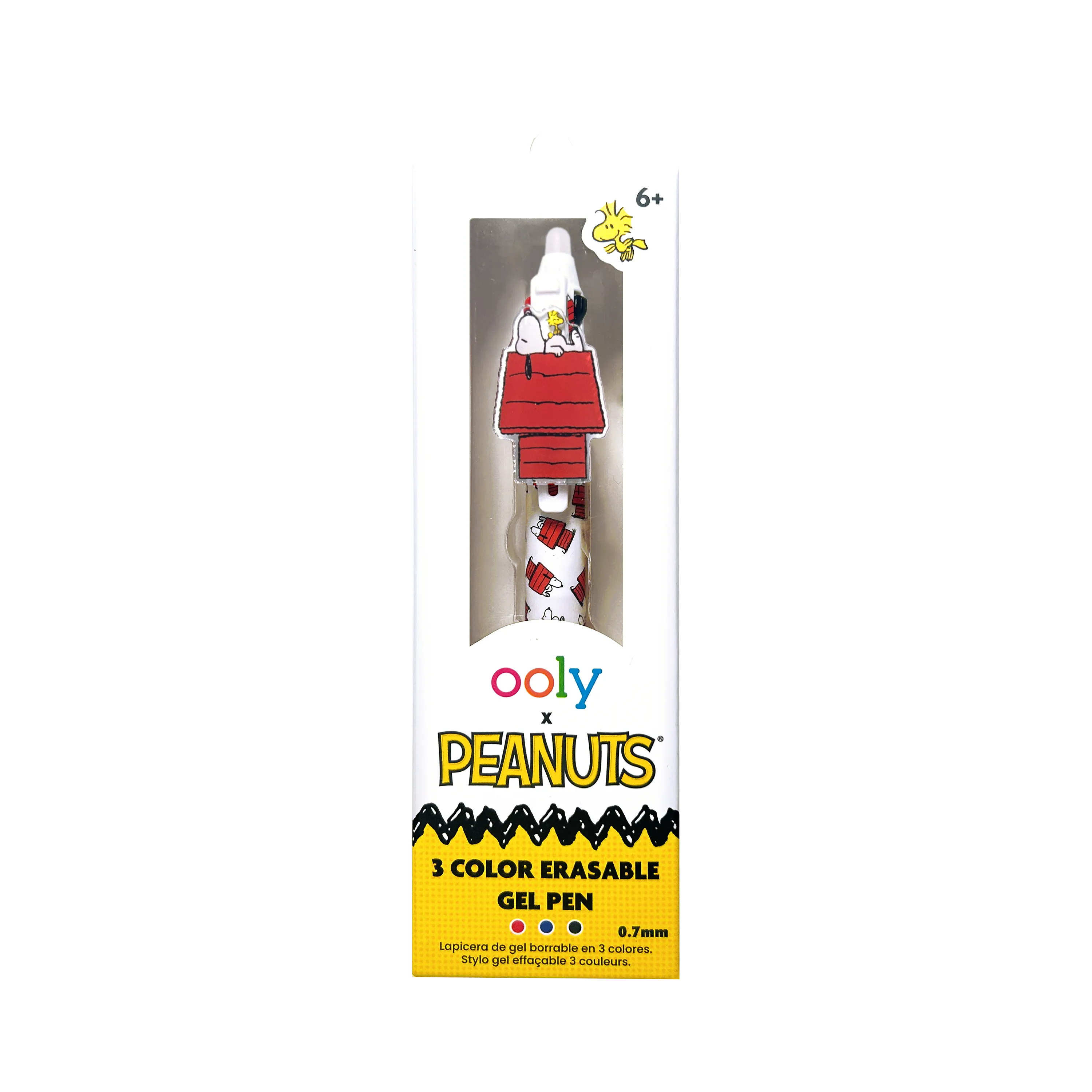 Front of packaging of OOLY x Peanuts - 3 Color Erasable Gel Pen