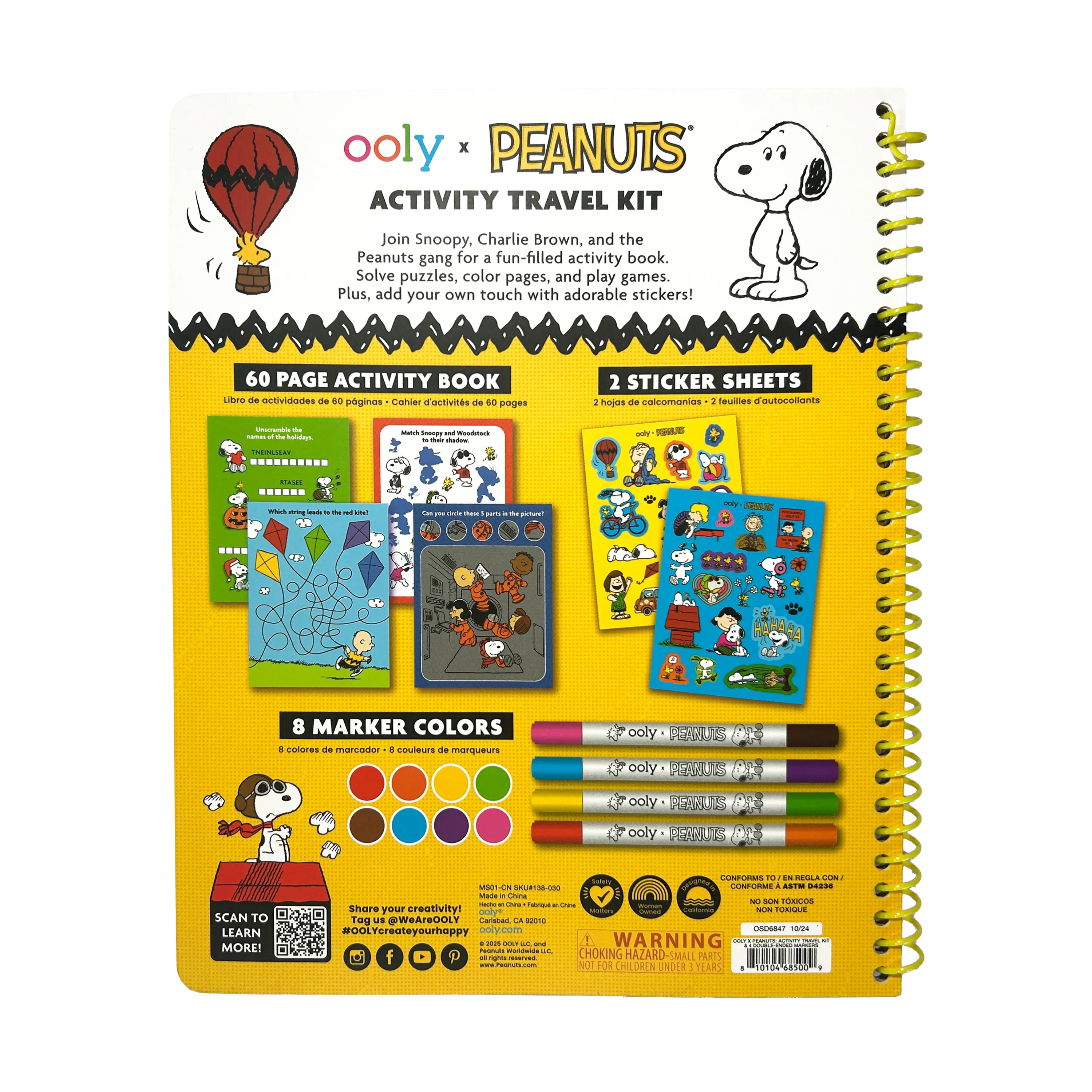 Back cover of OOLY x Peanuts Activity Travel Kit & Double-Ended Markers