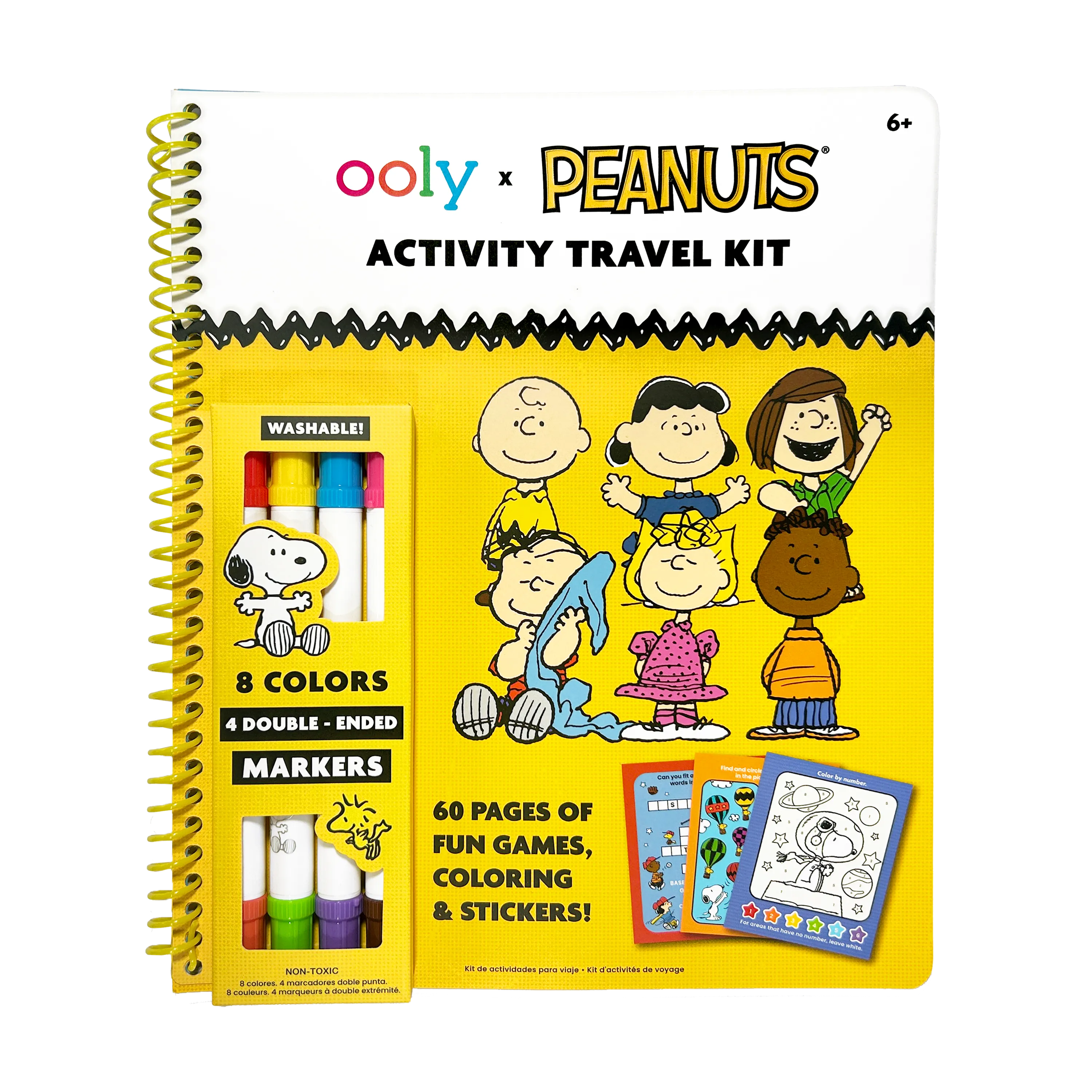 Front cover and marker set of the OOLY x Peanuts Activity Travel Kit & Double-Ended Markers set