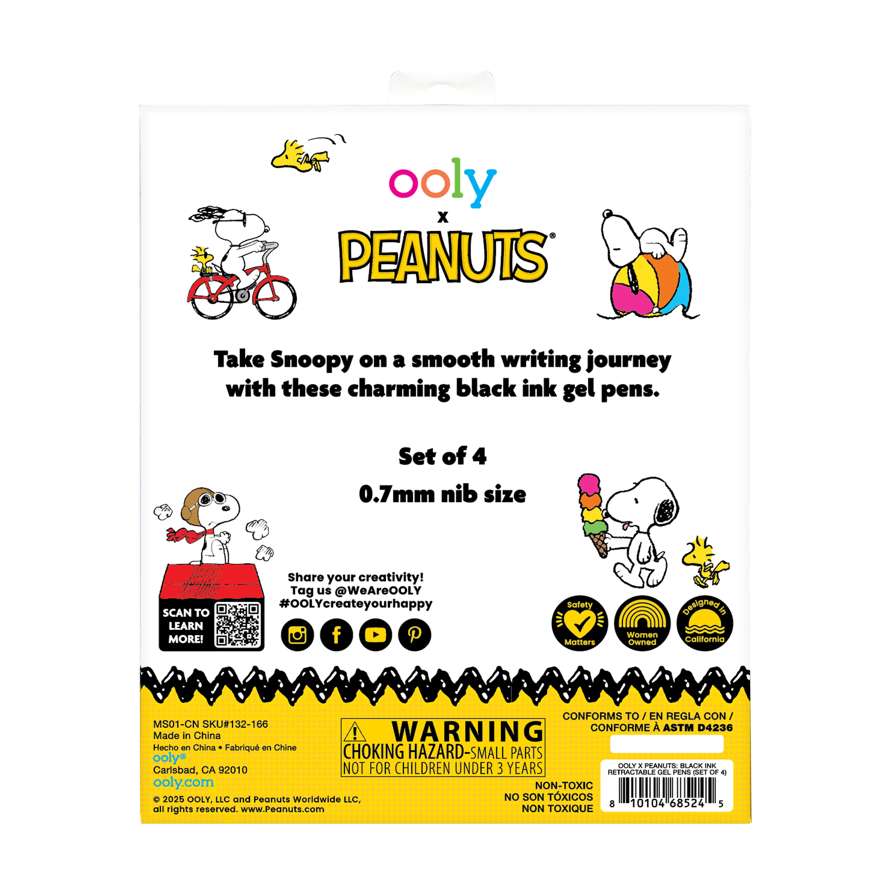 Back of packaging of OOLY x Peanuts - Black Ink Retractable Gel Pens