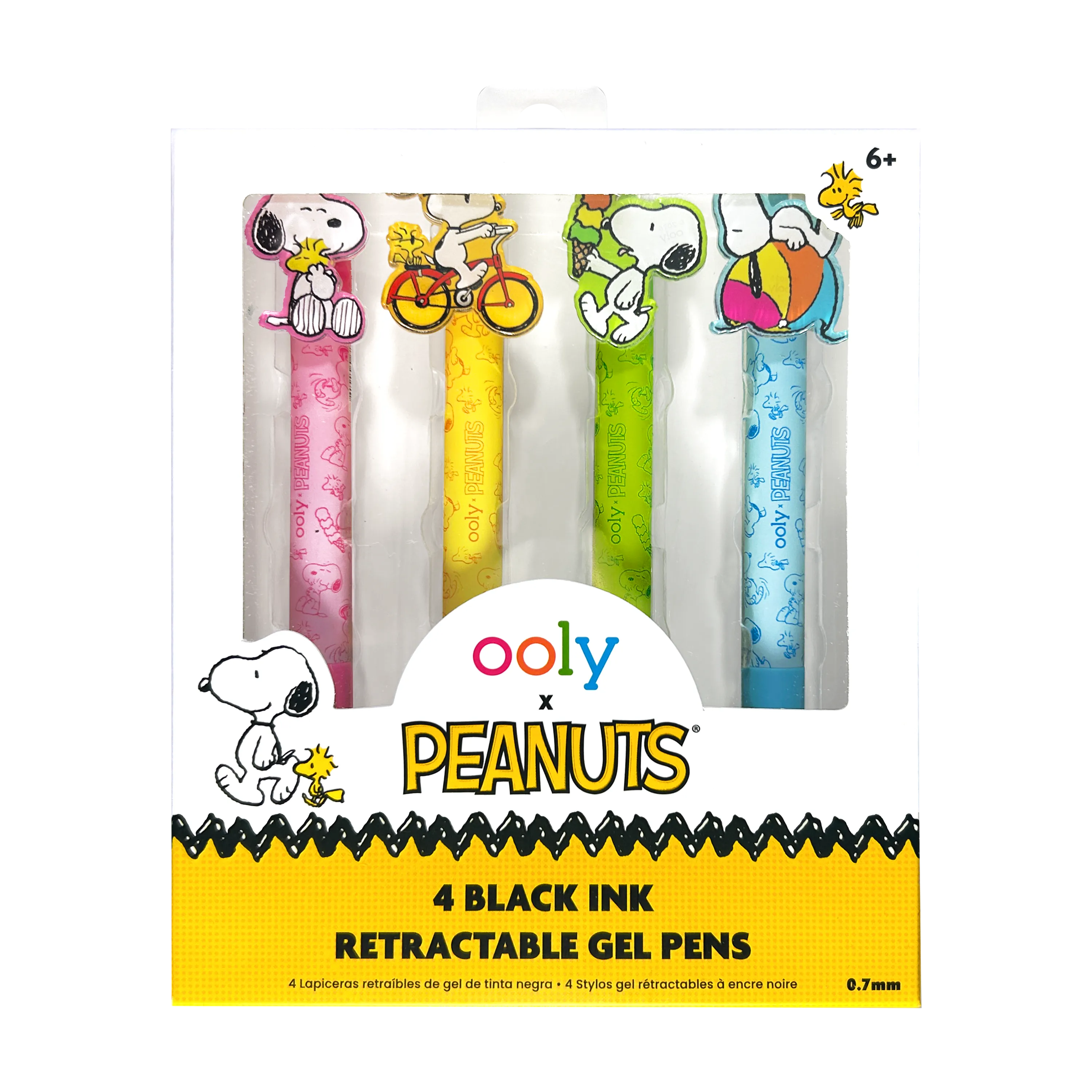 Front of packaging of OOLY x Peanuts - Black Ink Retractable Gel Pens